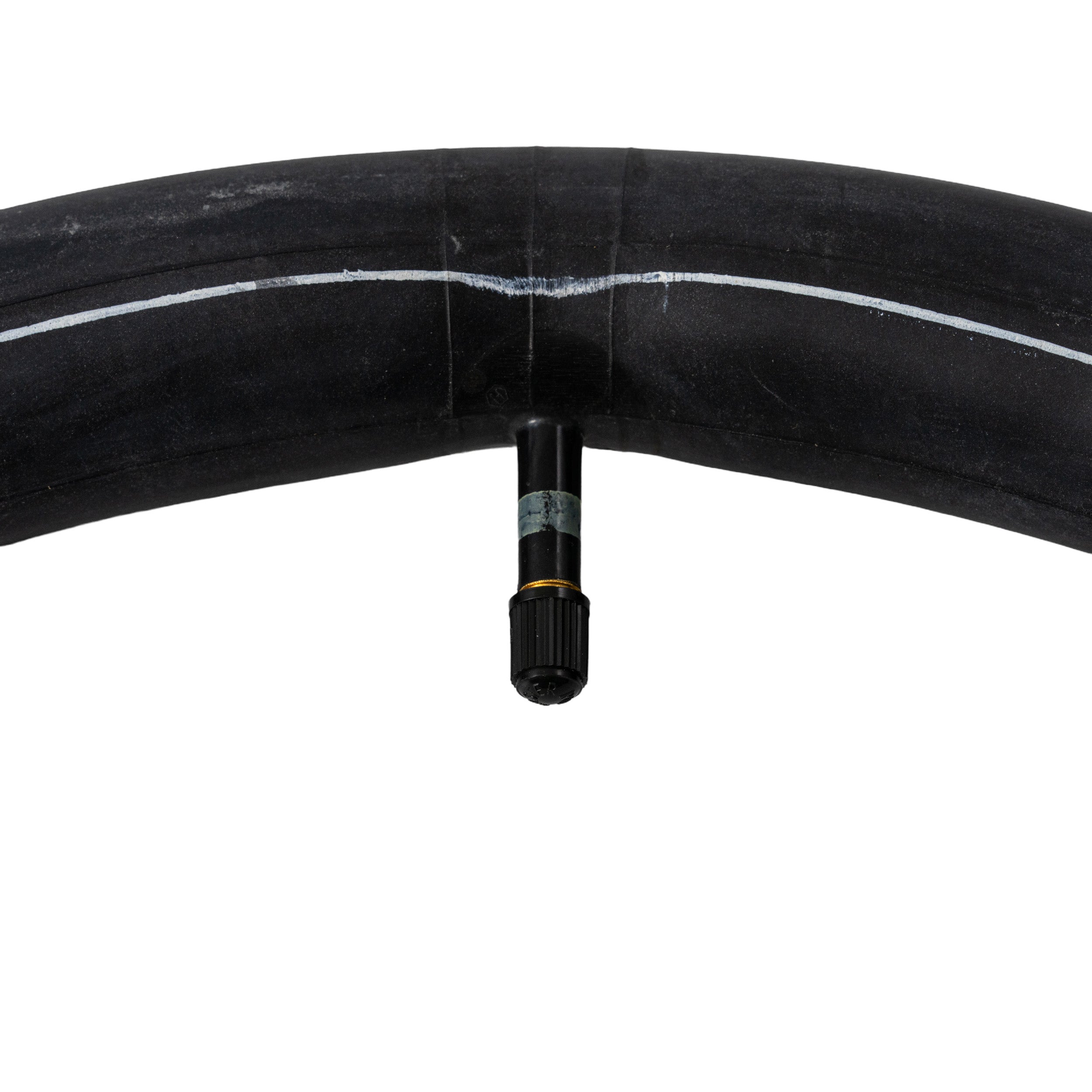 20x1.50-1.95 Bicycle Inner Tube with Straight Valve, showing a black rubber tube with a visible white line, designed for easy replacement on 20 bike tires.