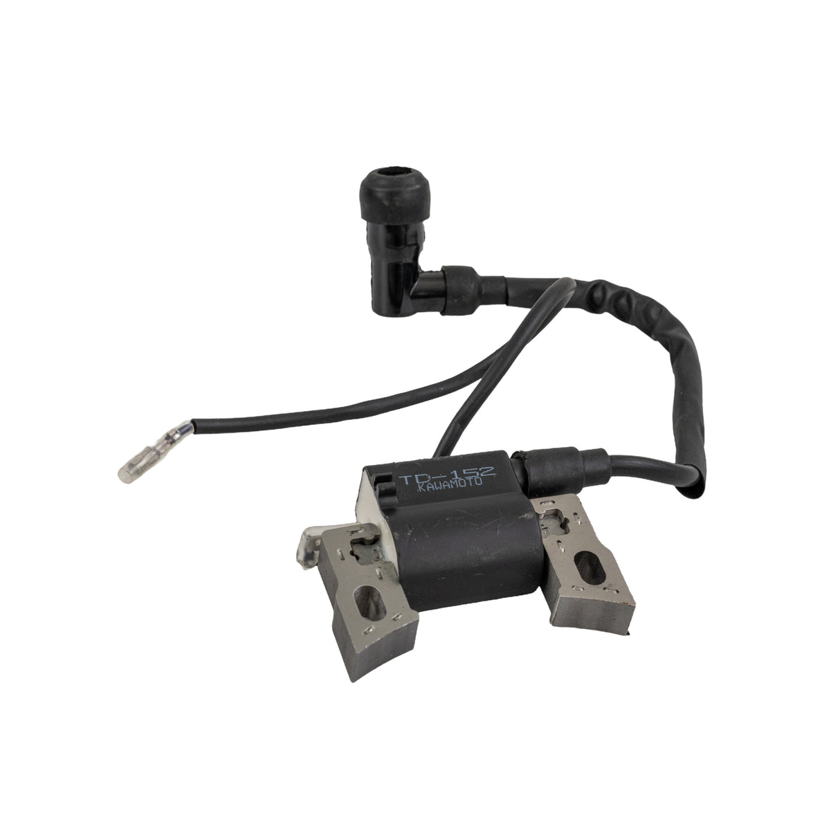 97cc Ignition Coil with 56 mm hole spacing for Baja Blitz, Dirt Bug, Doodle Bug, & Racer Mini Bikes, featuring visible black wires and a metal piece.