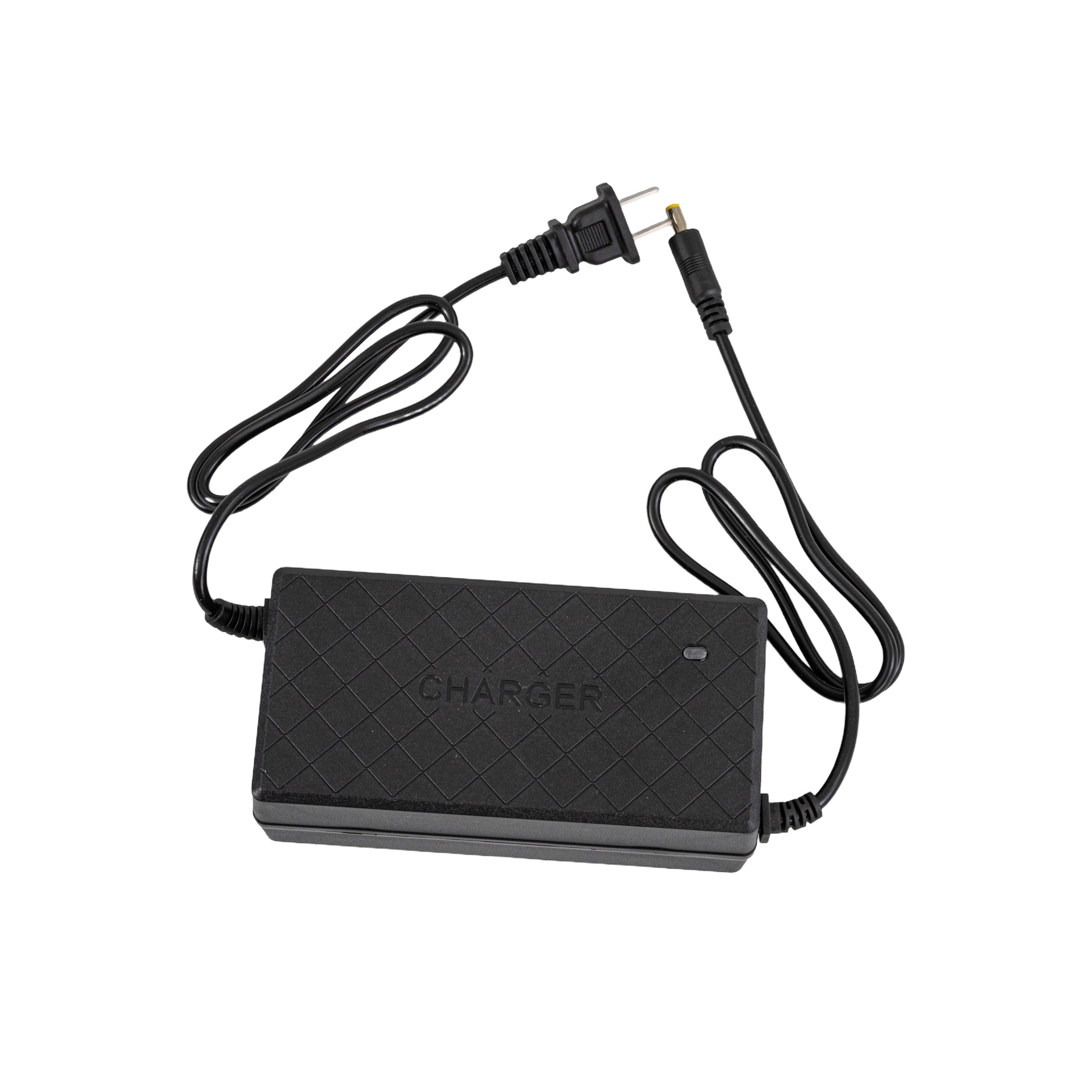 24 Volt 1.5 Amp 2.5mm ID Coaxial Battery Charger featuring a black rectangular body with an attached power cord, suitable for electric scooters like Hoveround Transporter and Shoprider Scootie.