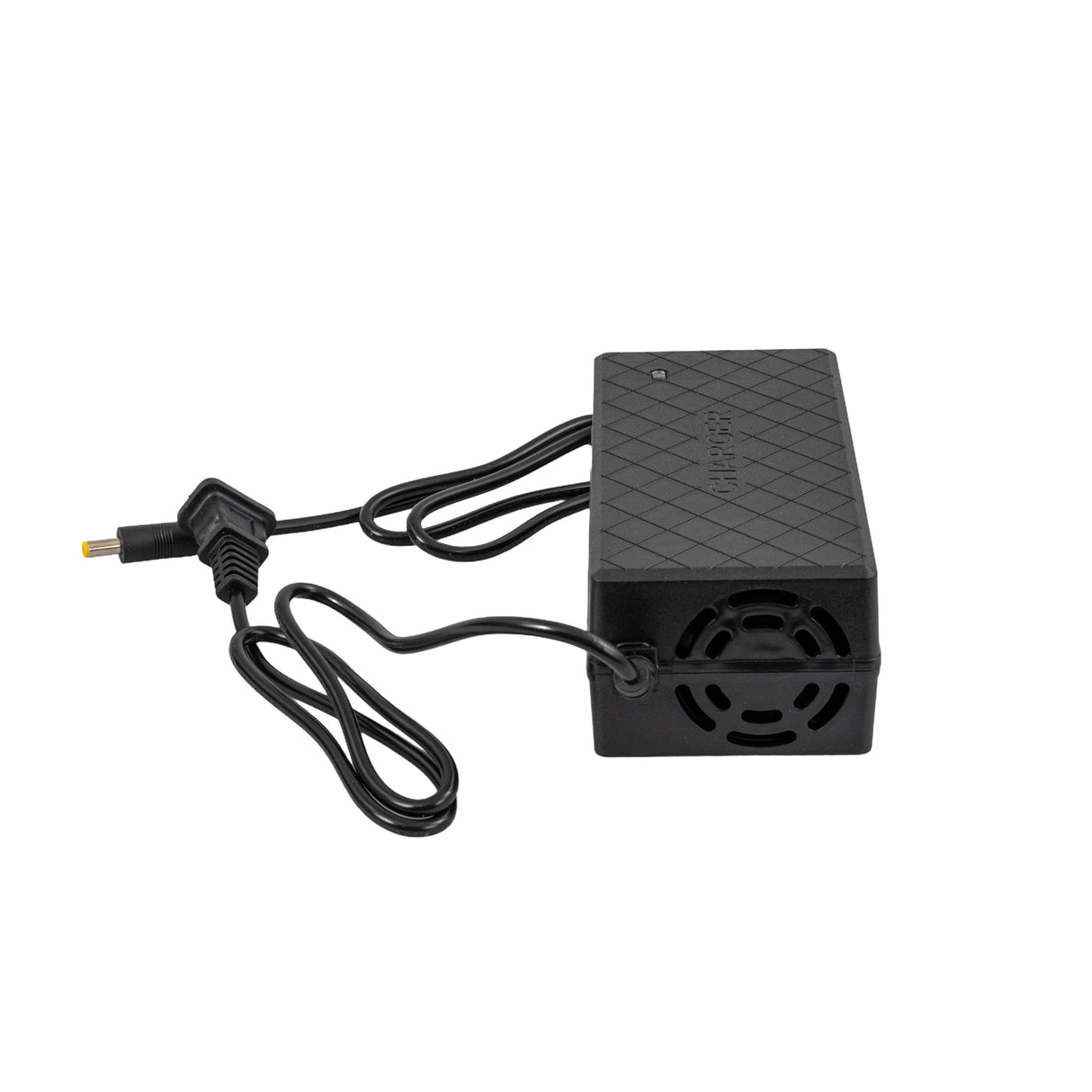 24 Volt 1.5 Amp 2.5mm ID Coaxial Battery Charger with a black rectangular design and attached cord, ideal for recreational and mobility scooters, featuring automatic shut-off and LED indicators for charging status.