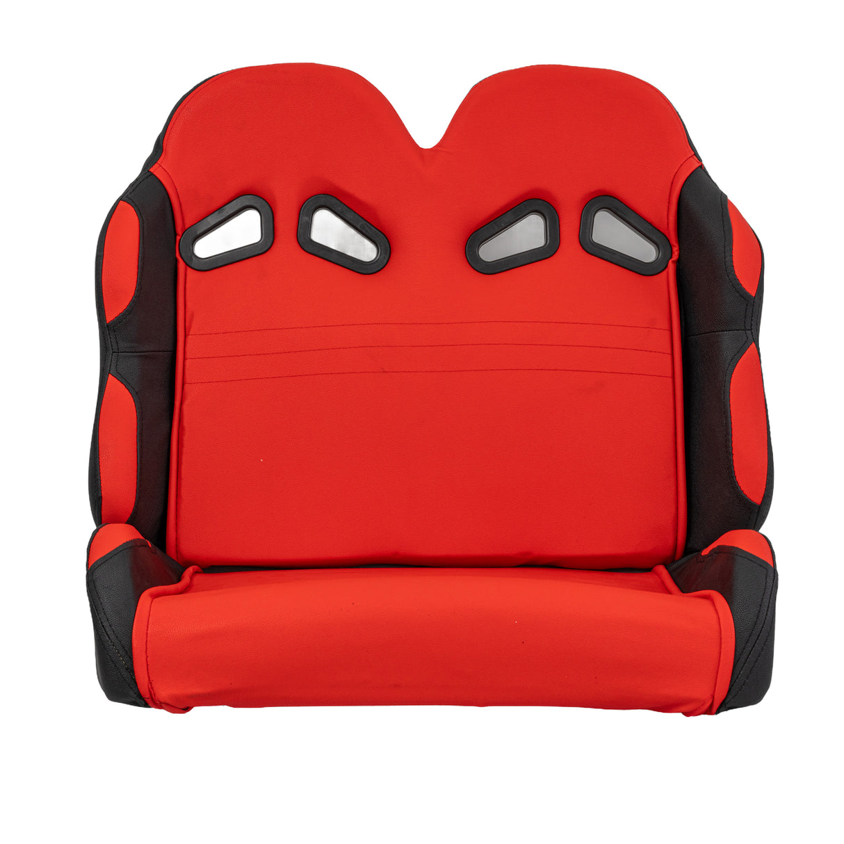 Red 25-1/2 Double Seat for Go-Karts, featuring padded upholstery with black detailing, designed for two riders. Includes back vents for seatbelt placement, suitable for various go-kart models.