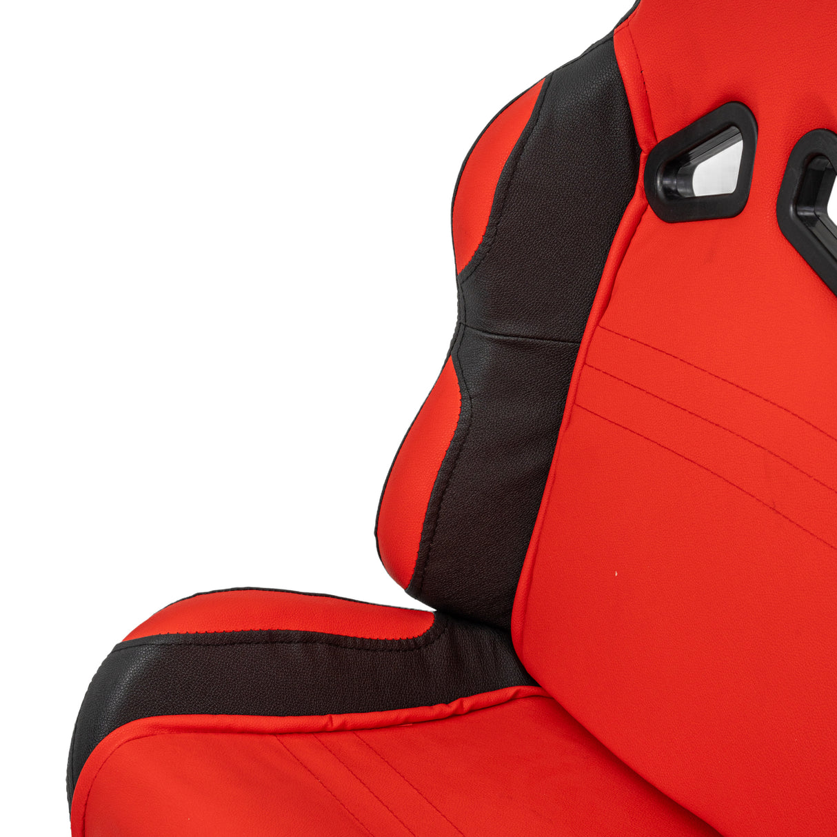 Red 25-1/2 Double Seat for Go-Karts features vivid red and black padded upholstery and convenient back vents for seatbelt placement. Ideal for off-roading or casual rides; check compatibility before purchase.