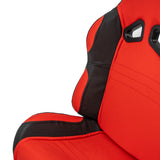 Red 25-1/2 Double Seat for Go-Karts features vivid red and black padded upholstery and convenient back vents for seatbelt placement. Ideal for off-roading or casual rides; check compatibility before purchase.