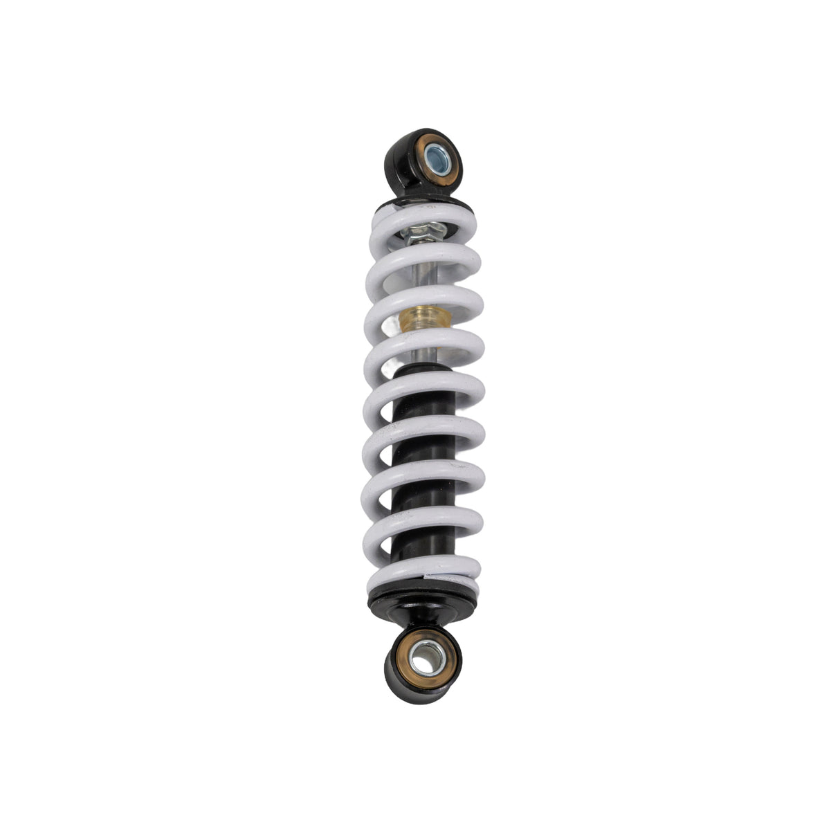 Rear Shock for the Realtree RTK200 196cc Go-Kart, featuring a black and white coil spring, designed to enhance ride comfort and prevent tire damage.