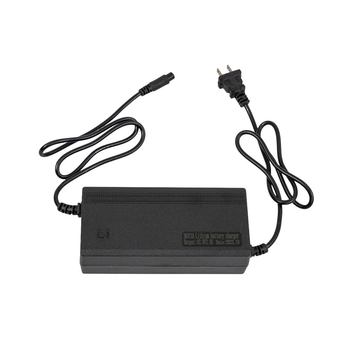 36 Volt Lithium Battery Charger for Self-Balancing Hoverboards with Mini 3-Prong Connector, featuring a black power supply, attached cord, and unique mini 3-prong connector for Lithium-ion battery systems.