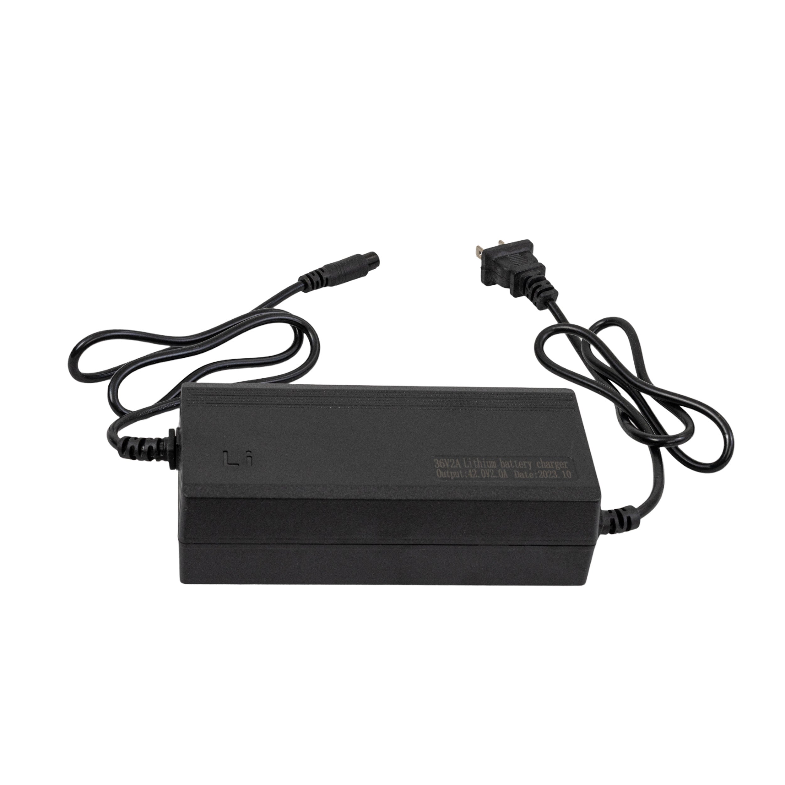 36 Volt Lithium Battery Charger for Self-Balancing Hoverboards with Mini 3-Prong Connector, featuring a black power cord and compact design, suitable for lithium-ion battery packs.