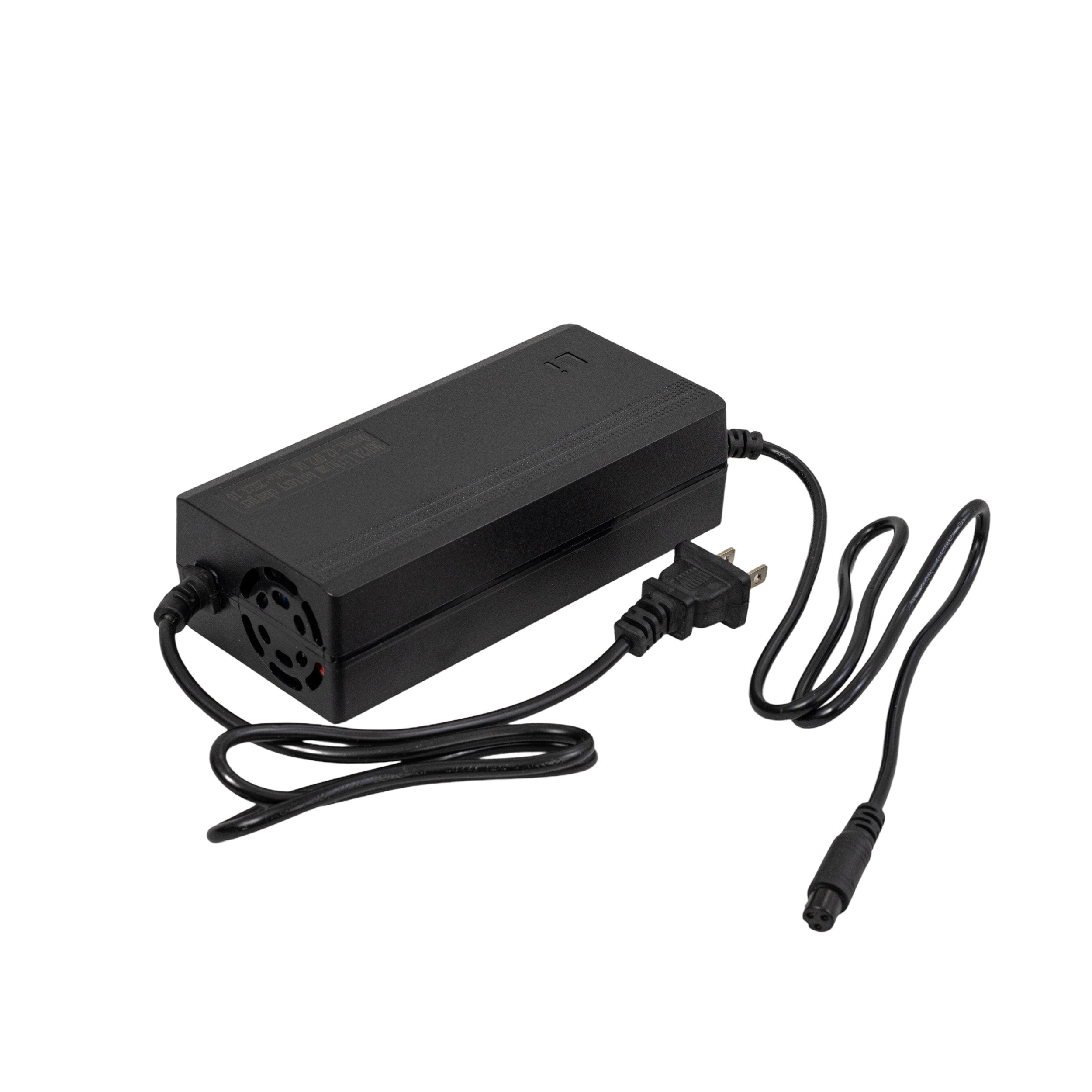 36 Volt Lithium Battery Charger for Self-Balancing Hoverboards with Mini 3-Prong Connector, featuring a black power supply unit and attached cord designed for charging Lithium-ion battery systems.