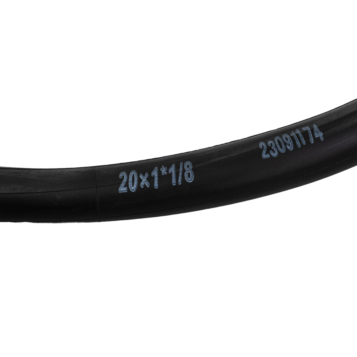 20x1-1/8 Bicycle Inner Tube with Straight Schrader Valve from Sunlite, shown in close-up with visible blue text on its black rubber surface.