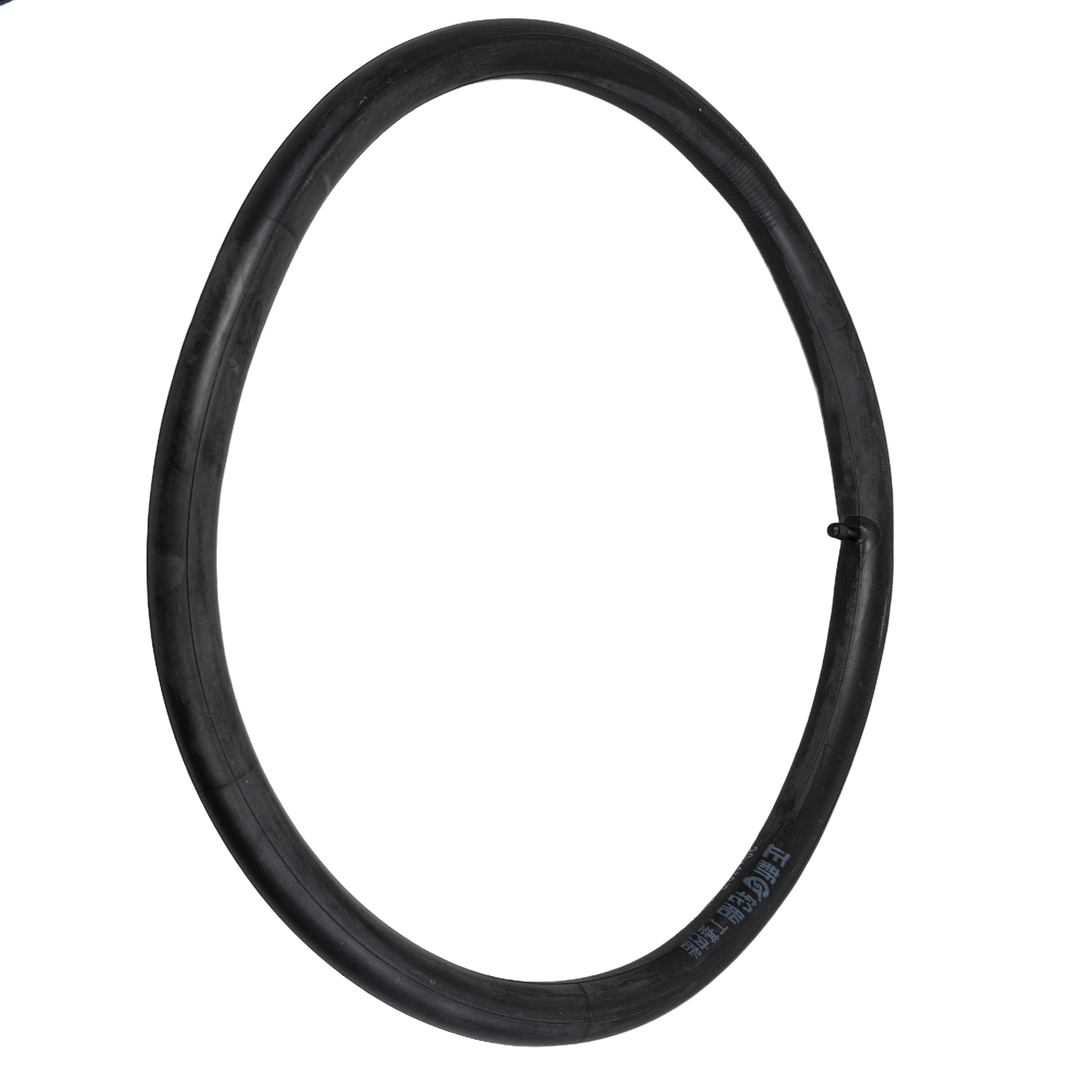 20x1-3/8 Bicycle Inner Tube with 32mm Straight Valve displayed on a white background, highlighting its black rubber composition and circular form.