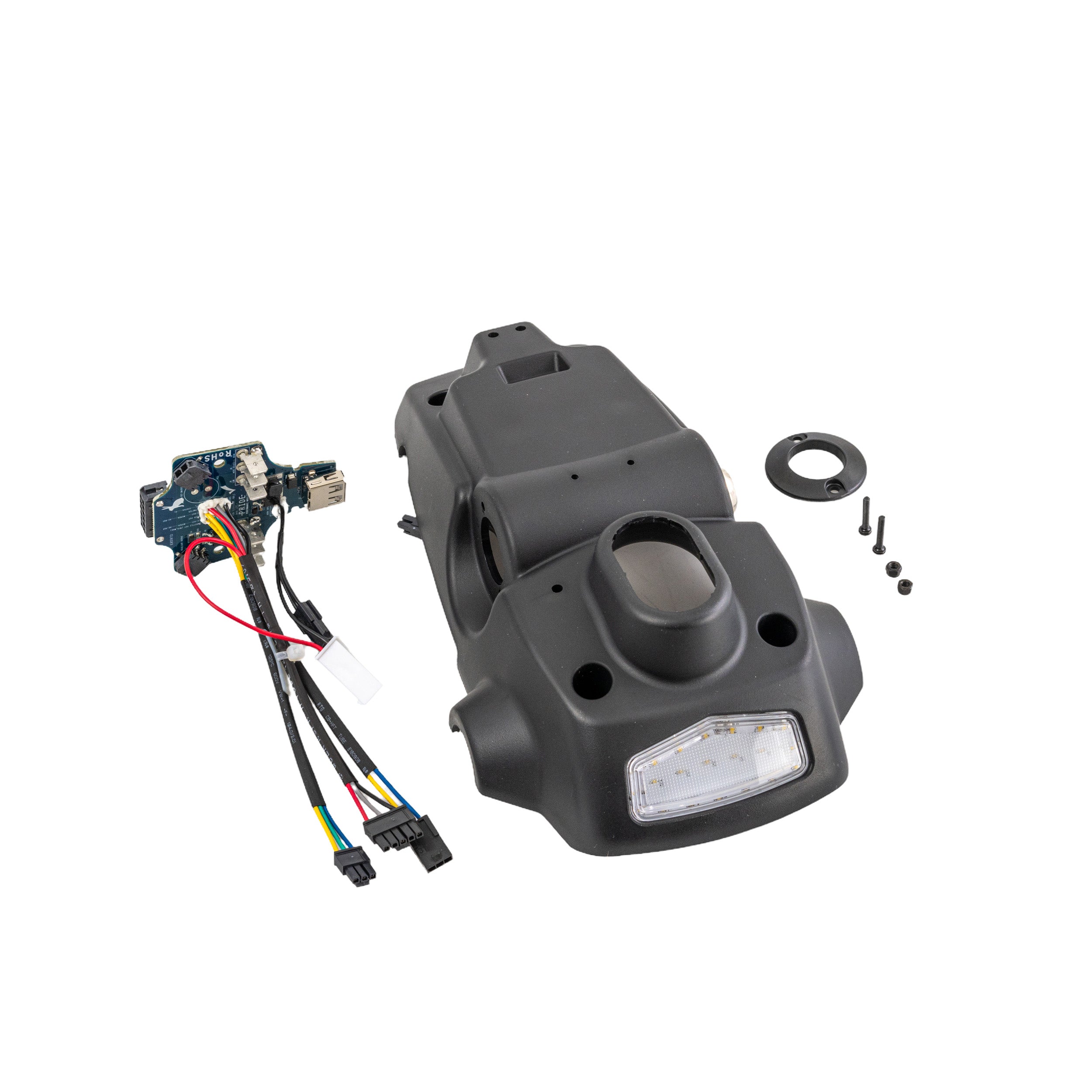 Bottom Console Assembly for the Pride Revo 2.0 (S66/S67) featuring key switch, LED front light, internal PCB board with connectors, and speed pot mounting bracket. Suitable for 3 and 4 wheel models.