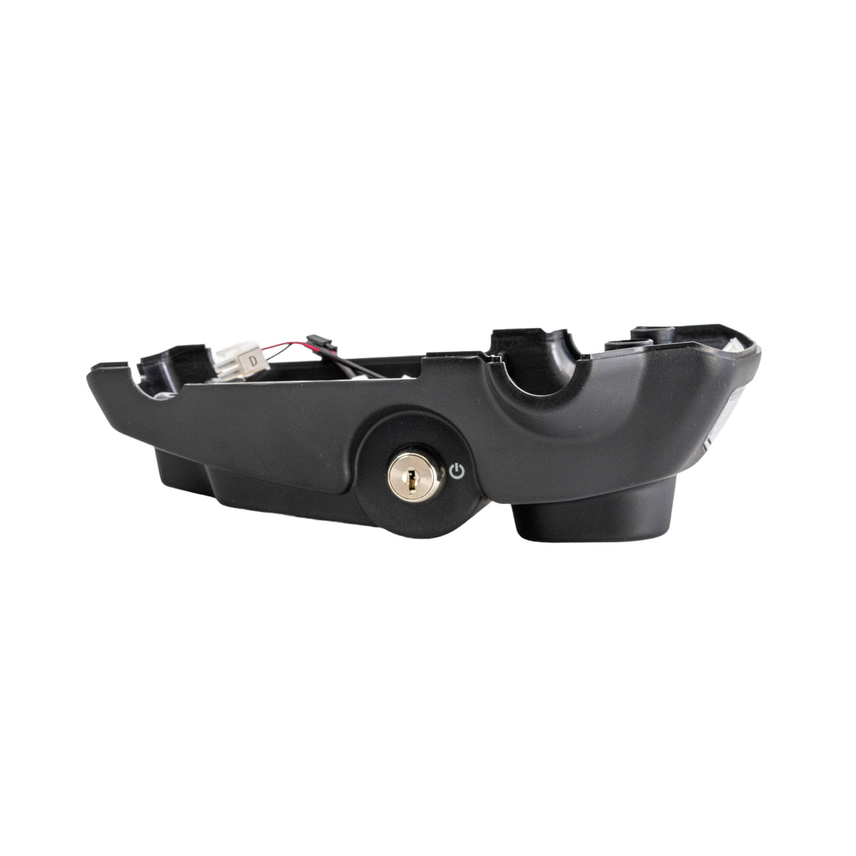 Bottom Console Assembly for the Pride Revo 2.0, featuring a key switch and LED front light, with a visible keyhole and mounting bracket. Suitable for both 3 and 4 wheel variations.