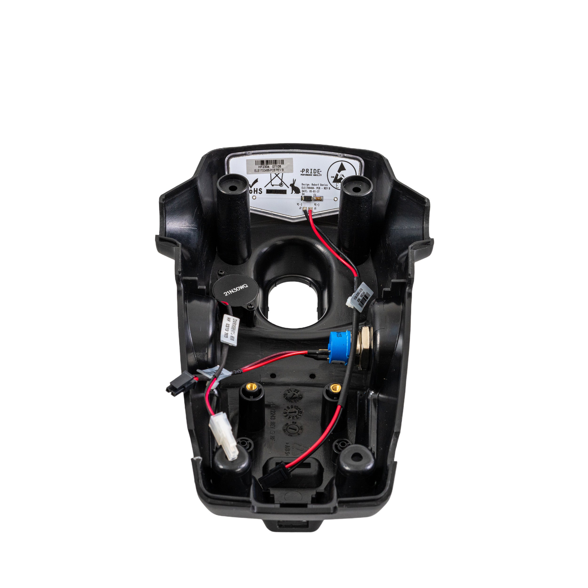 Bottom Console Assembly for the Pride Revo 2.0 (S66/S67) with wires, key switch, LED front light, internal PCB board, and outer speed pot mounting bracket. Suitable for 3 and 4 wheel variations.