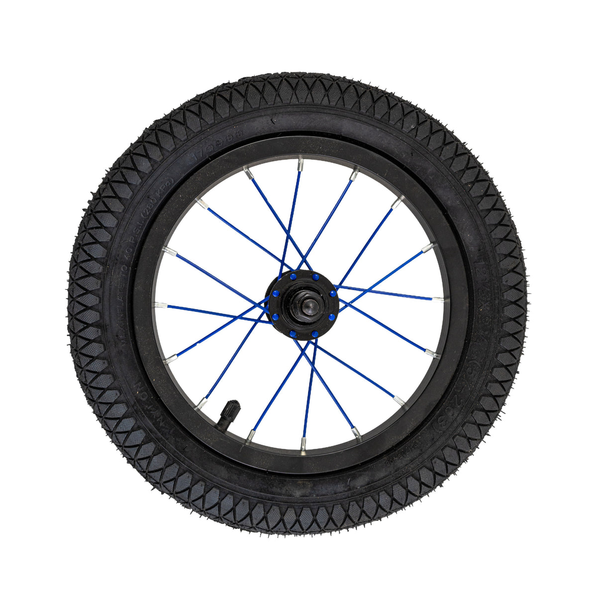 12 Wheel Assembly for the Mongoose Expo Freestyle Scooter featuring a black tire with blue spokes, including a spoked rim, Wanda 12-1/2x2-1/4 pneumatic tire, and an inner tube.