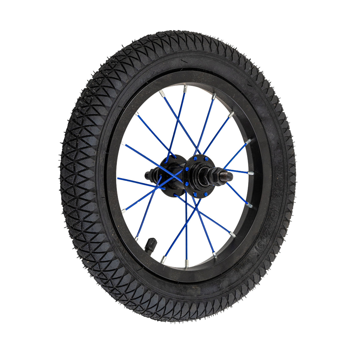 12 Wheel Assembly for the Mongoose Expo Freestyle Scooter featuring a black tire with blue spokes, a spoked rim, and a Wanda pneumatic tire for smooth riding on both front or rear.