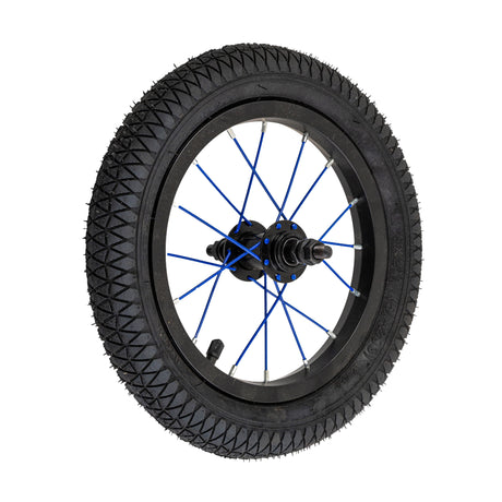 12 Wheel Assembly for the Mongoose Expo Freestyle Scooter featuring a black tire with blue spokes, a spoked rim, and a Wanda pneumatic tire for smooth riding on both front or rear.