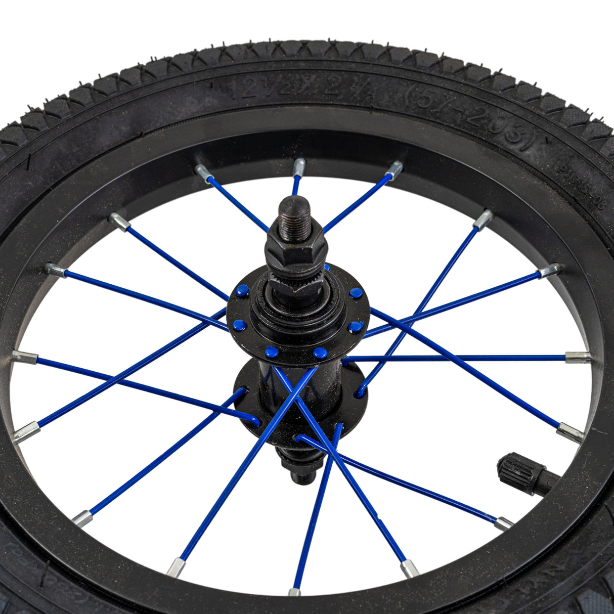 12 Wheel Assembly for the Mongoose Expo Freestyle Scooter featuring a black spoked rim, pneumatic tire, inner tube, and visible blue wires on a close-up view.