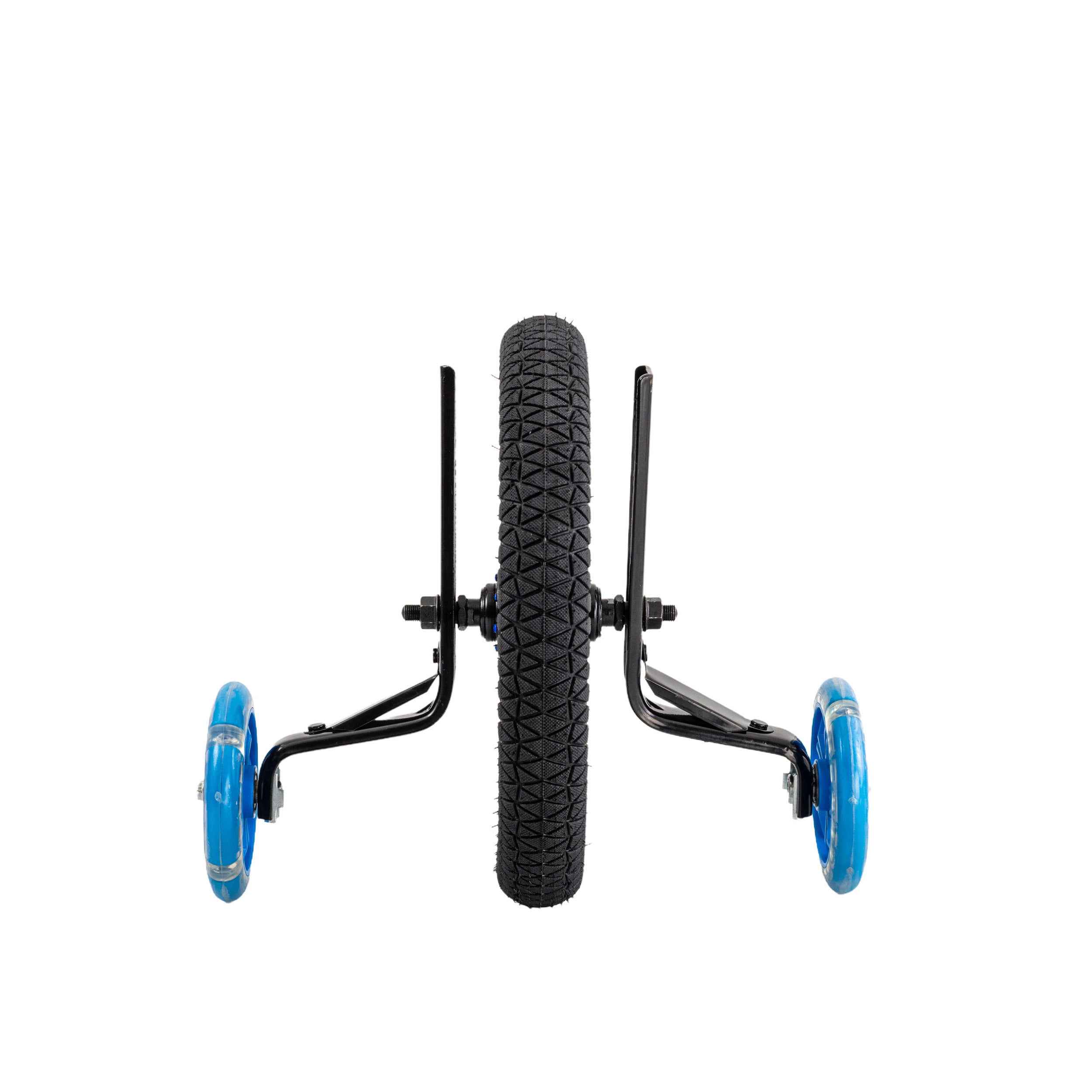 Training Wheels with Brackets & Hardware (Set of 2) featuring a close-up of a sturdy blue wheel and tire, showcasing the durable steel brackets and hardware for easy installation on kids' bikes.