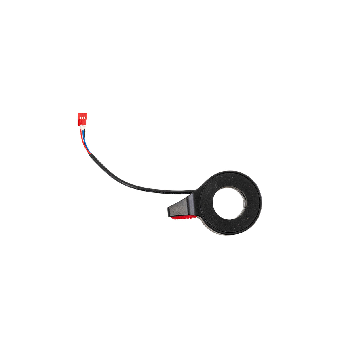 Thumb Brake for the Hiboy® S2 Electric Scooter, featuring a black circular design with an attached wire and a red silicone thumb pad, providing a firmer handlebar grip and complete with a 3-wire harness.