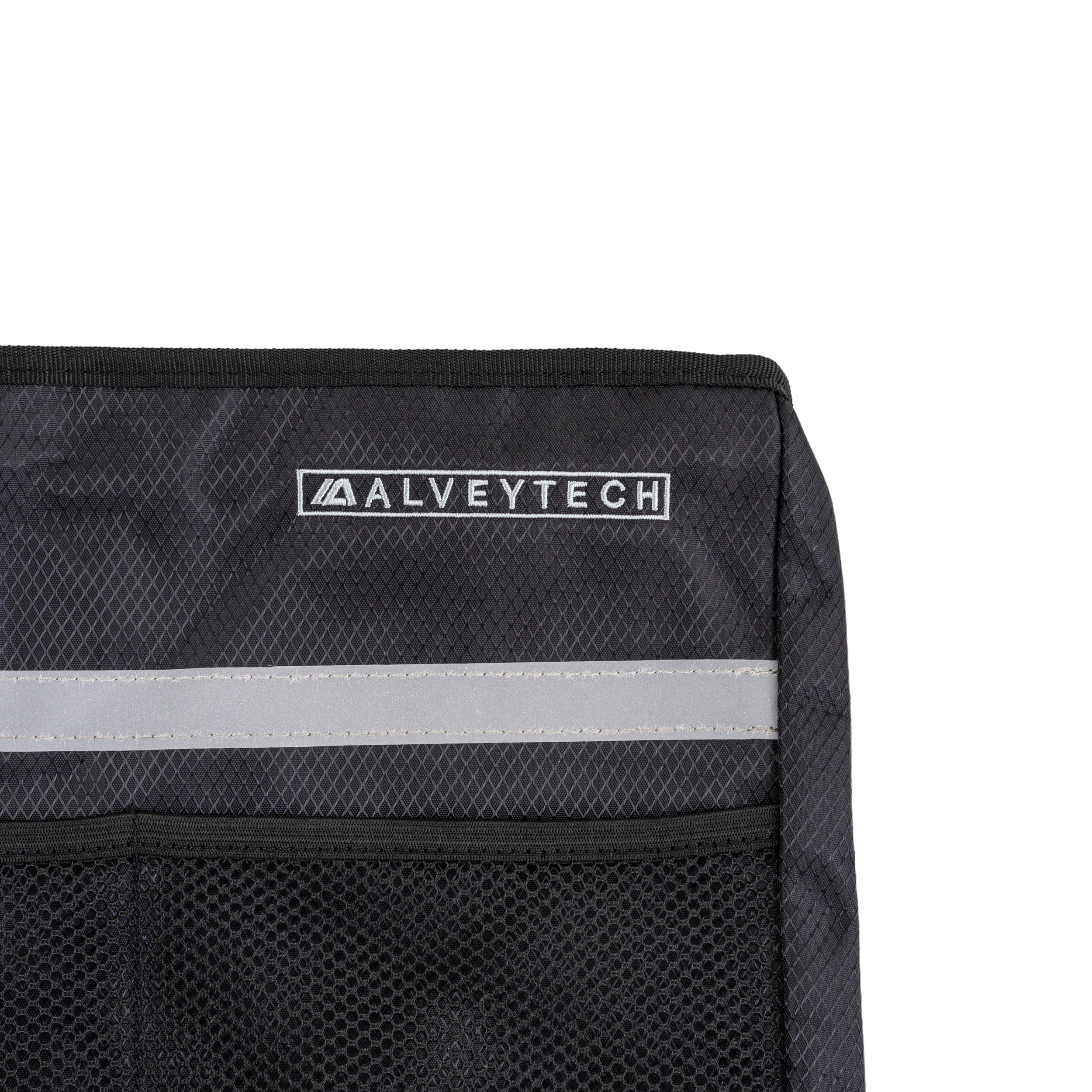 Close-up of the Deluxe Universal Walker/Rollator Bag, showing its black, water-resistant nylon material, front mesh pockets, and secure hook & loop fasteners for easy attachment to mobility aids.