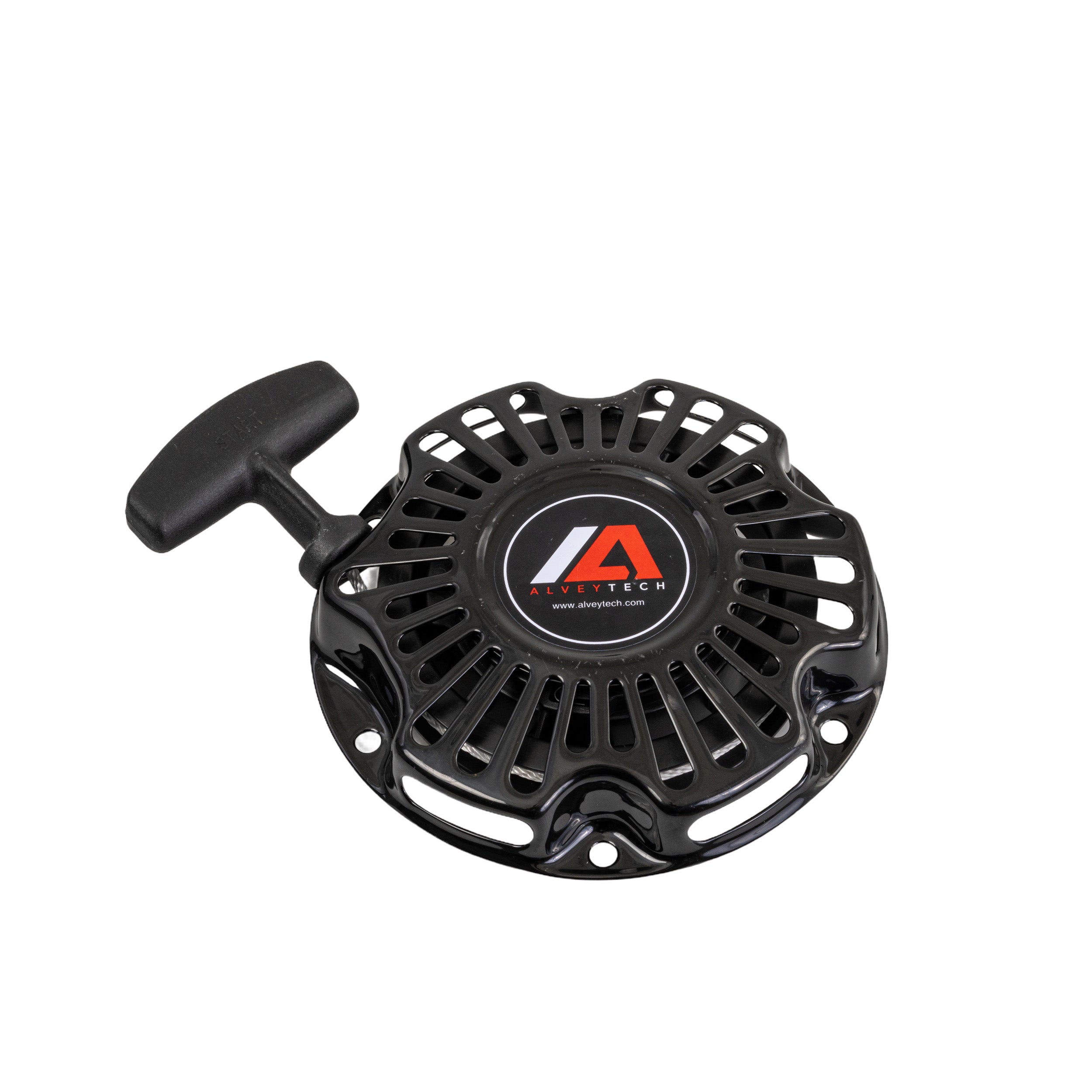 Recoil Pull Start for 97cc 2.8 Hp GX100 Style Engines, featuring a black plastic body with a handle and a central red and white logo, compatible with Baja Motorsports Doodle Bug 30 mini bikes.