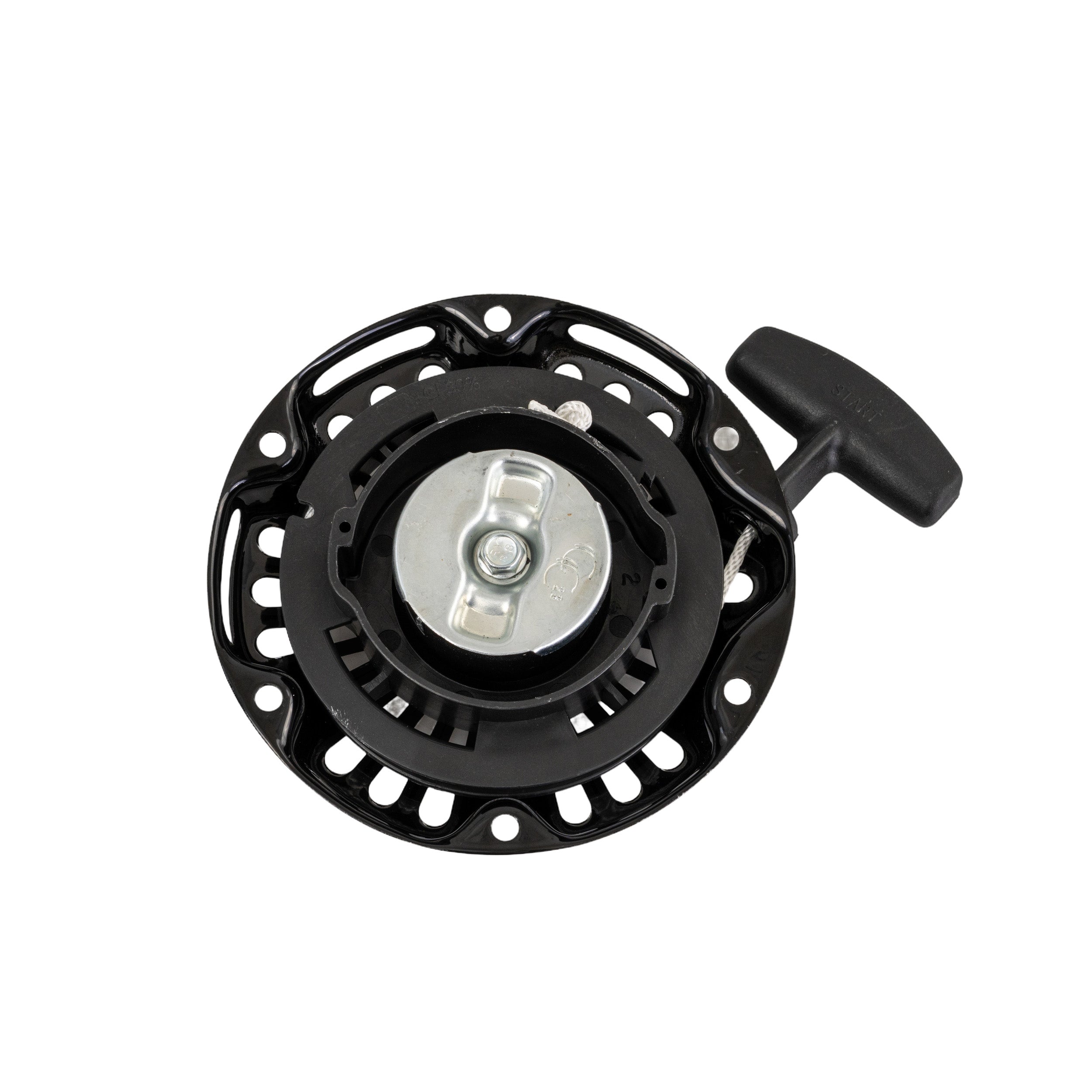 Recoil Pull Start for the Realtree RT100 Mini Bike & RTK100 Go-Kart, featuring a black and silver pulley with close-up details of a nut and metal components.