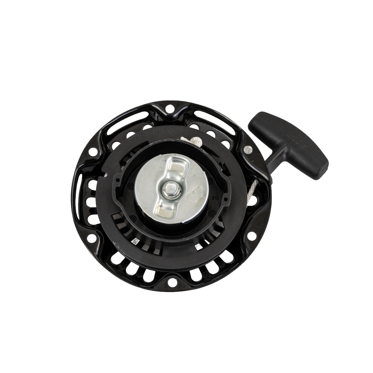 Recoil Pull Start for 97cc 2.8 Hp GX100 Style Engines featuring a black and silver pulley, capturing a close-up of the metal mechanism essential for Baja Motorsports Doodle Bug 30 mini bikes.