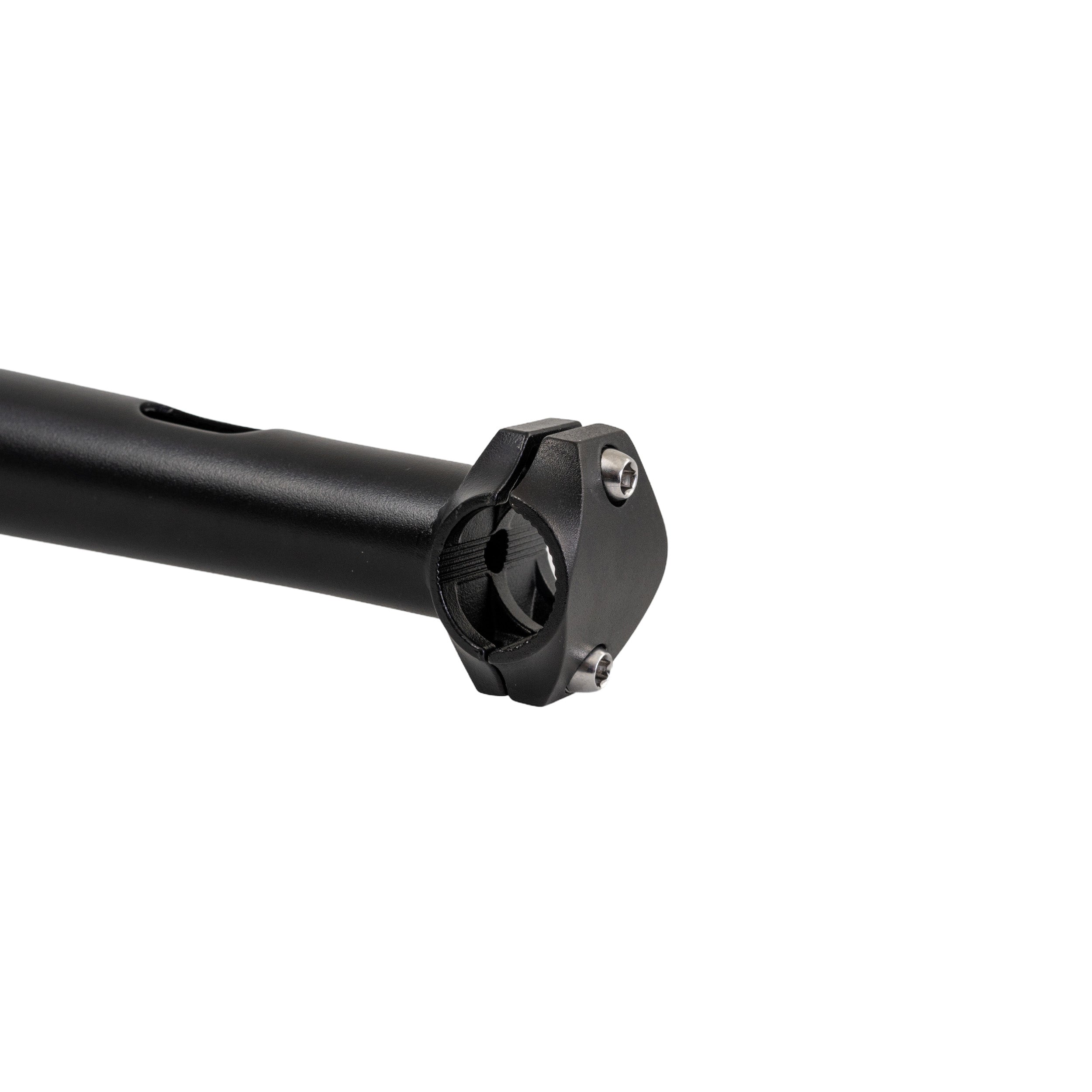 Folding Stem Assembly for the GOTRAX Flex Electric Scooter, featuring a black metal cylindrical object with a screw end, lever, wedge, and handlebar clamp for compact storage and durability.