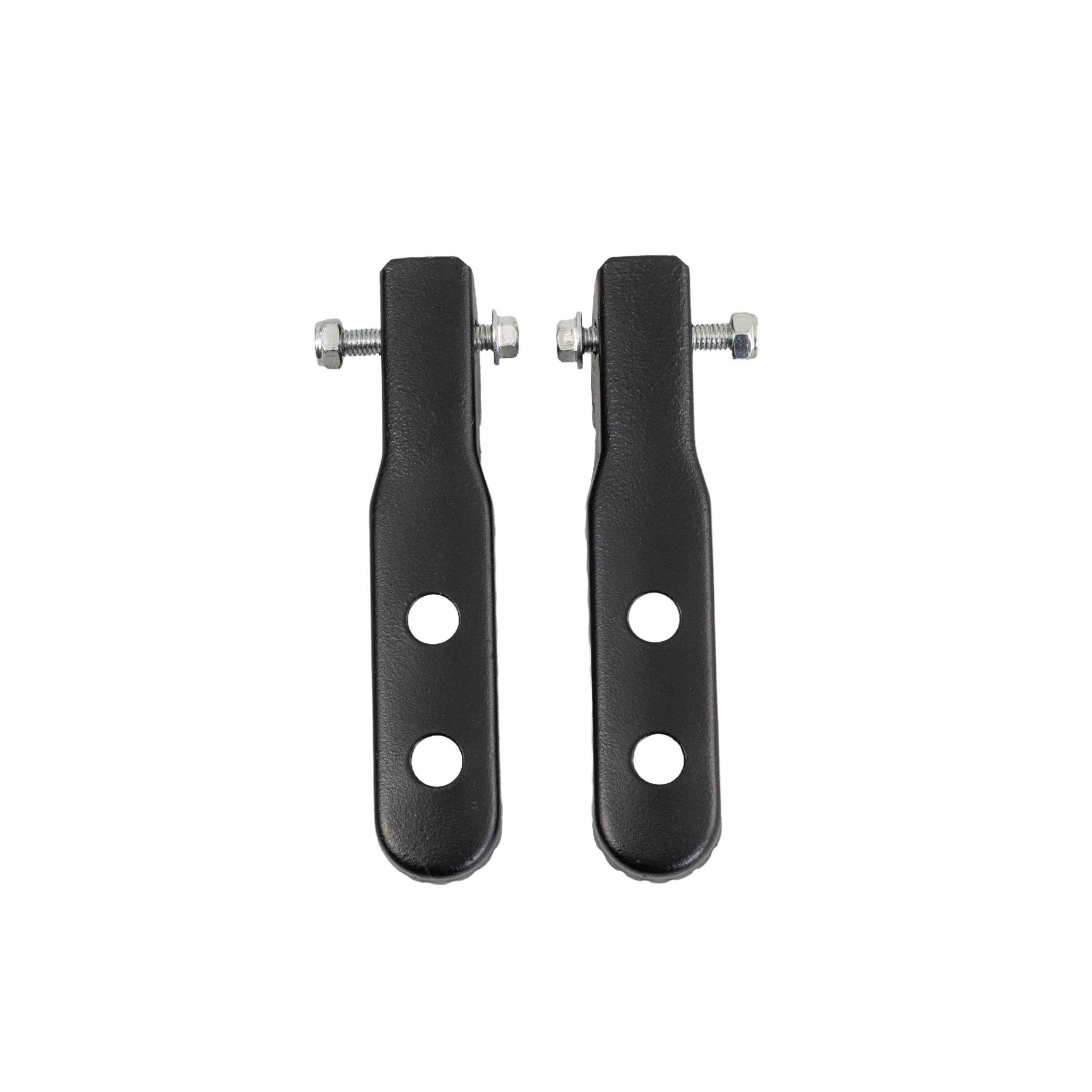 Footrest Pegs for the Fit Right FRP DB001 50cc Dirt Bike, shown as two black metal pegs with mounting holes and included screws, designed to be interchangeable for either side of the bike.