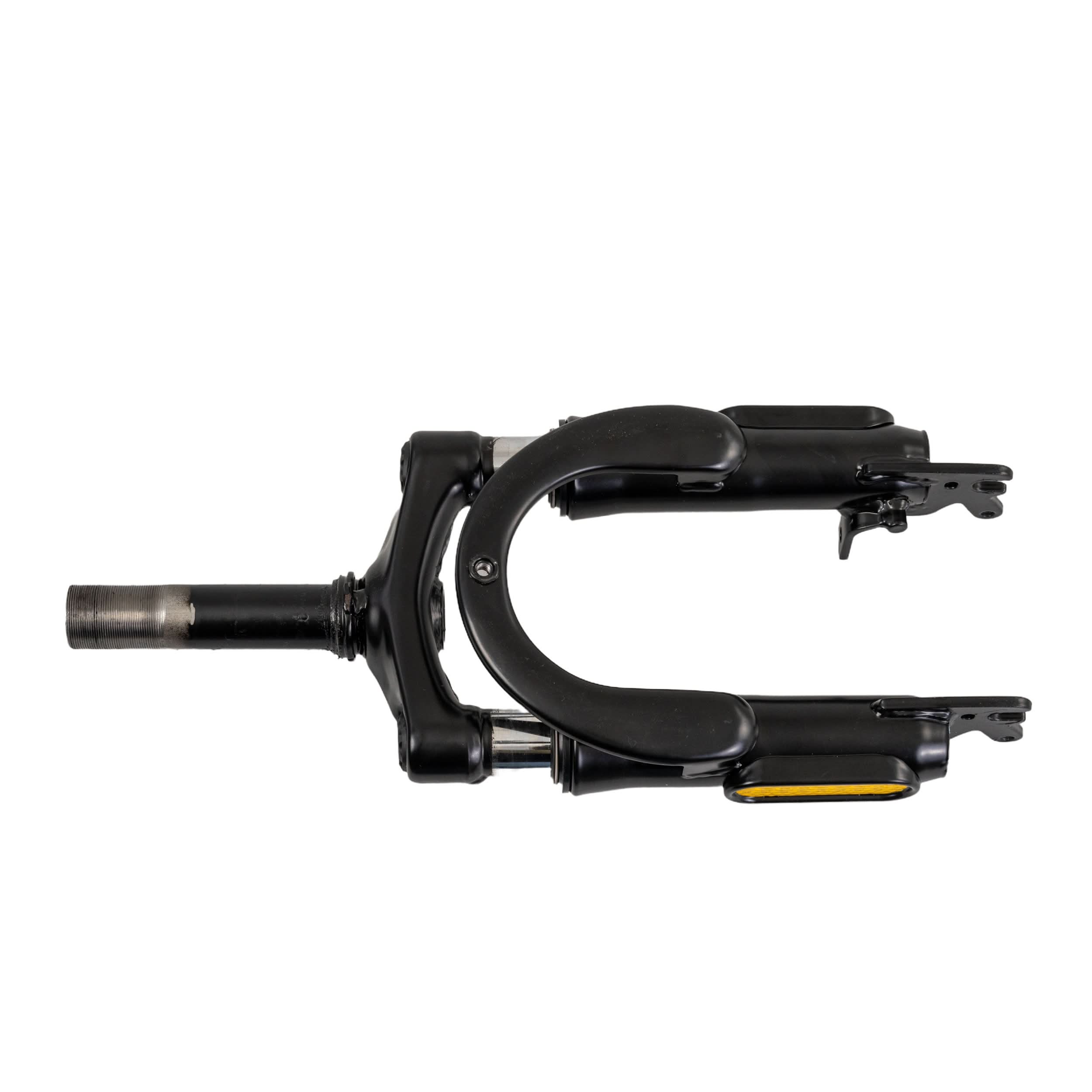 Front Fork for the GOTRAX Flex Electric Scooter, showcasing a sleek black metal fork with an integrated handle, and close-up views of its sturdy metal components.