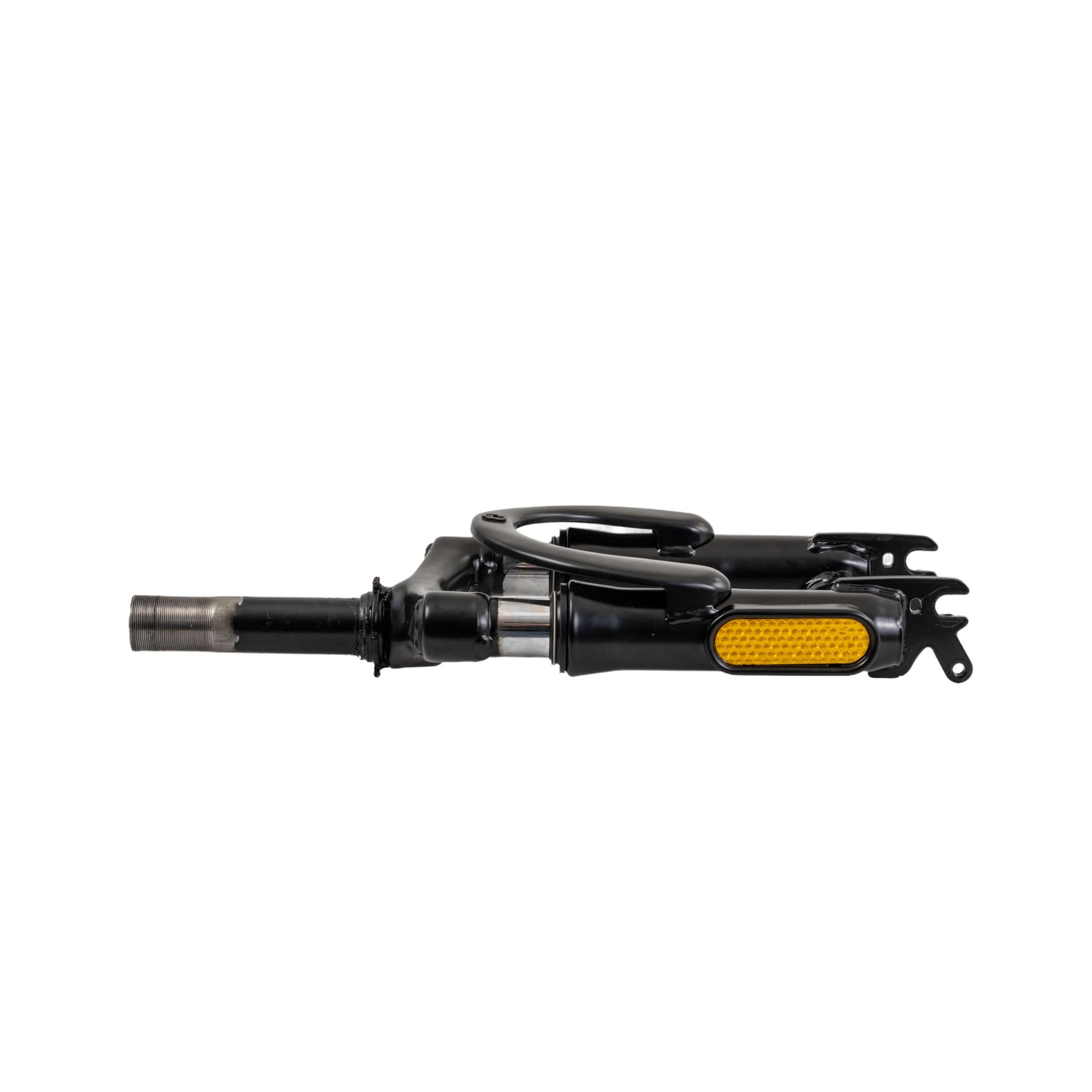 Front fork for the GOTRAX Flex Electric Scooter featuring a bicycle pedal with a yellow reflector and a black handle, shown in a close-up view highlighting its detailed construction.