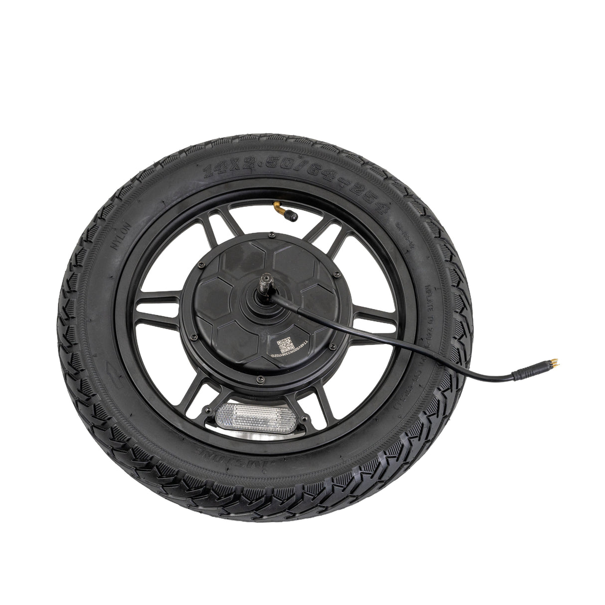 Rear Wheel with Hub Motor & Brake Assembly for the GOTRAX Flex Electric Scooter featuring a 14x2.50 pneumatic tire, 12-spoke rim, 9-wire harness, axle, drum brake, and reflector.