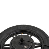 Rear Wheel with Hub Motor & Brake Assembly for the GOTRAX Flex Electric Scooter featuring a 14x2.50 pneumatic tire, 12-spoke rim, black cable, axle, drum brake, and QR code on the surface.