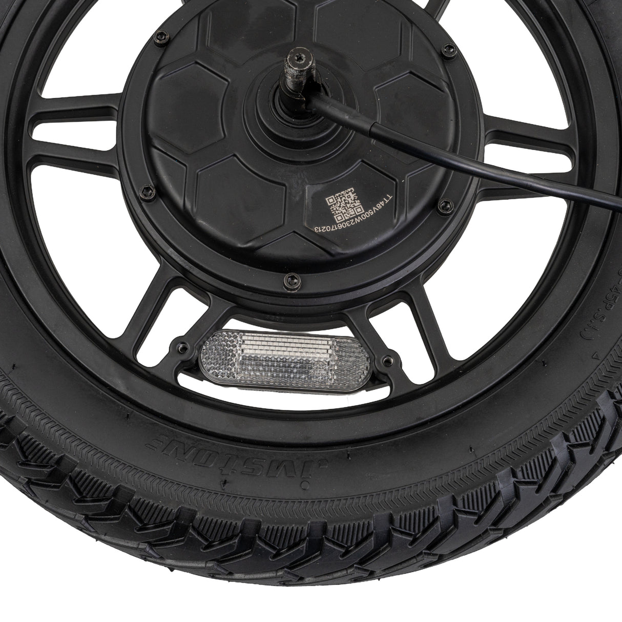 Rear Wheel with Hub Motor & Brake Assembly for the GOTRAX Flex Electric Scooter, featuring a 14x2.50 tire, 12-spoke rim, 9-wire harness, axle, drum brake, reflector, and hardware.