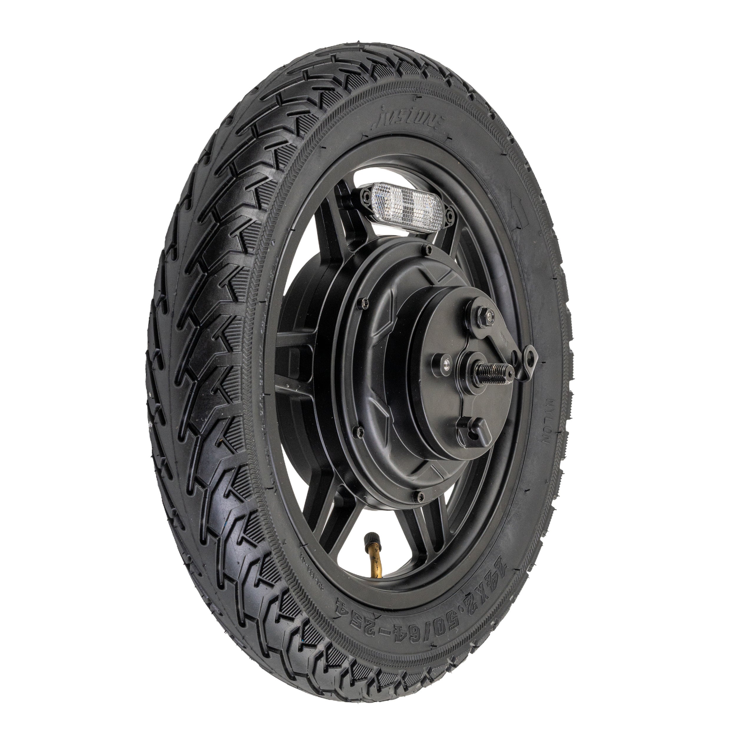 Rear Wheel with Hub Motor & Brake Assembly for the GOTRAX Flex Electric Scooter, featuring a 14x2.50 pneumatic tire, 12-spoke rim, drum brake, axle, and attached 9-wire harness.