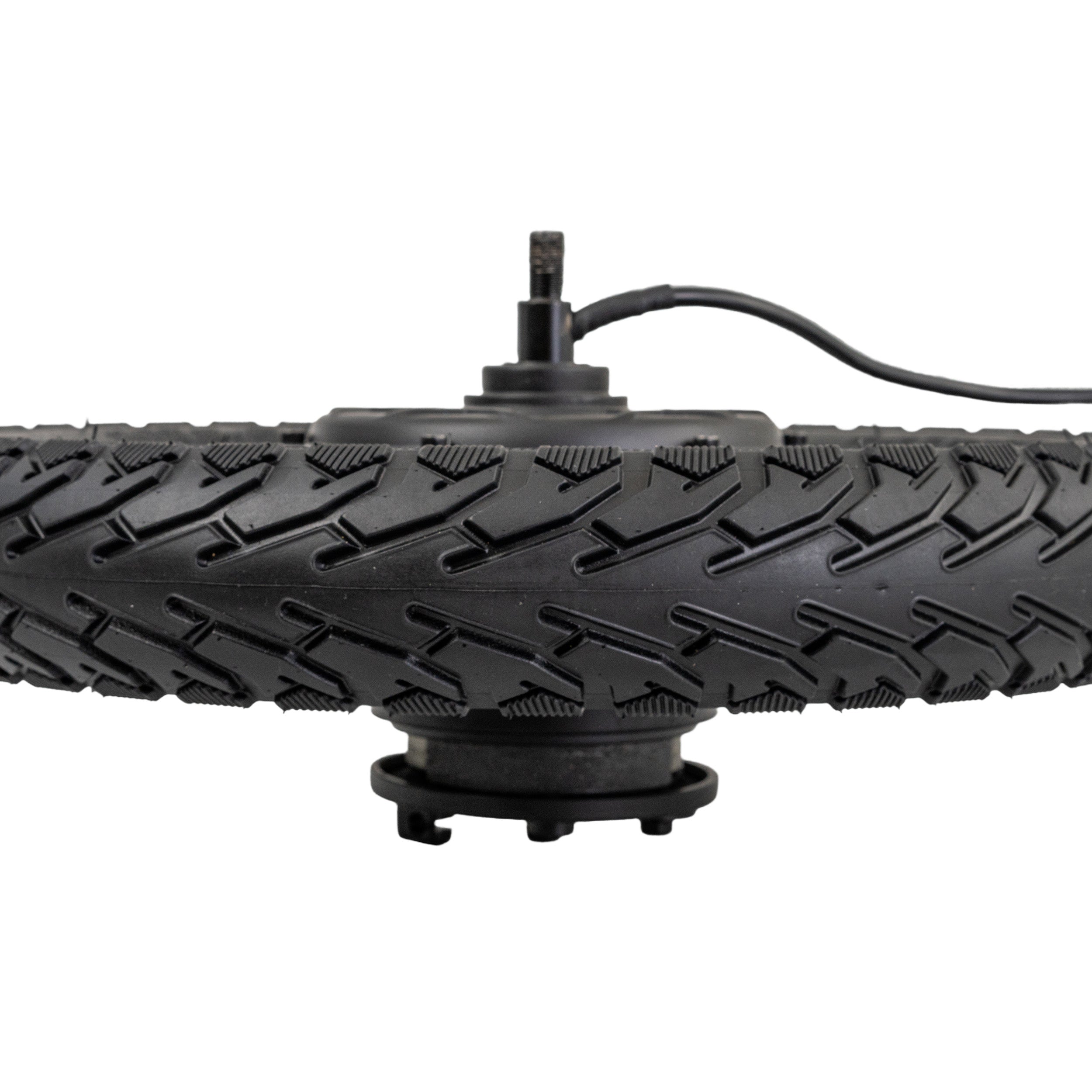 Rear Wheel with Hub Motor & Brake Assembly for the GOTRAX Flex Electric Scooter, featuring a black tire, 12-spoke rim, 9-wire harness, and drum brake, displayed in a close-up view.