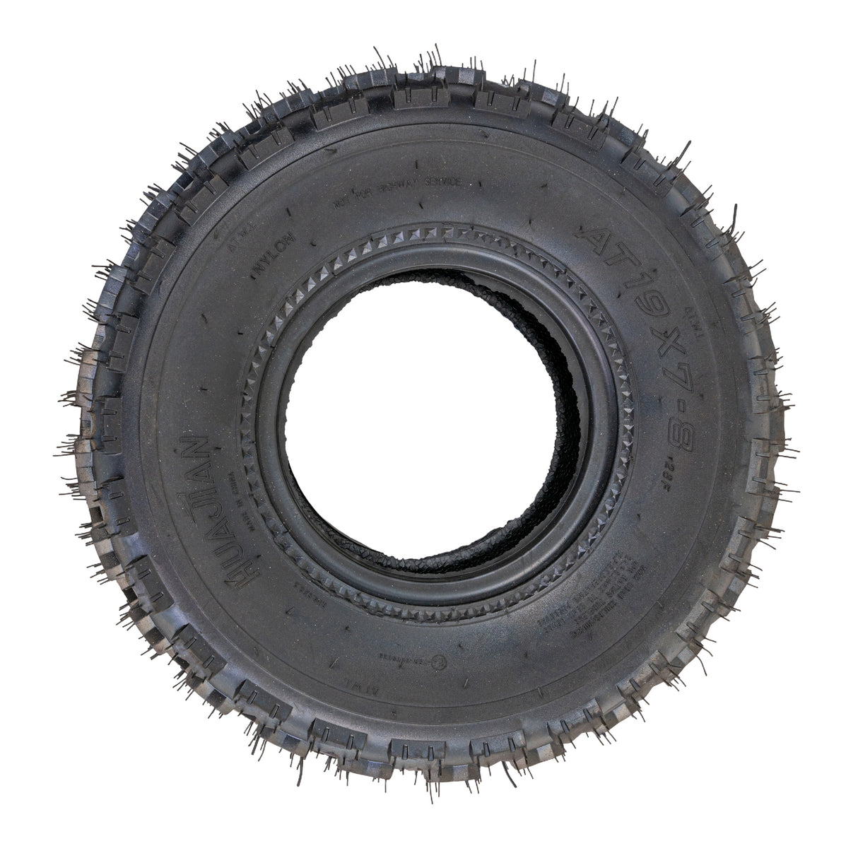 19x7-8 Front Tire for Coleman AT125-EX & AT125-UT ATVs with a knobby tread design and a central hole, ideal for soft and wet ground conditions.