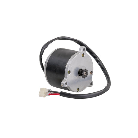 24 Volt 500 Watt Motor, 5-Pin Controller, & Throttle Kit for Electric Scooters; features a compact electric motor with attached wire, gear close-up, and connectors for rejuvenating eZip, Izip, or Currie scooters.