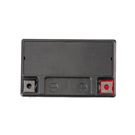 12 Volt YTX5L Replacement Sealed AGM Scooter, ATV, and Dirt Bike Battery; black rectangular object with integrated red square, buttons, and circular elements, compatible with various vehicles.