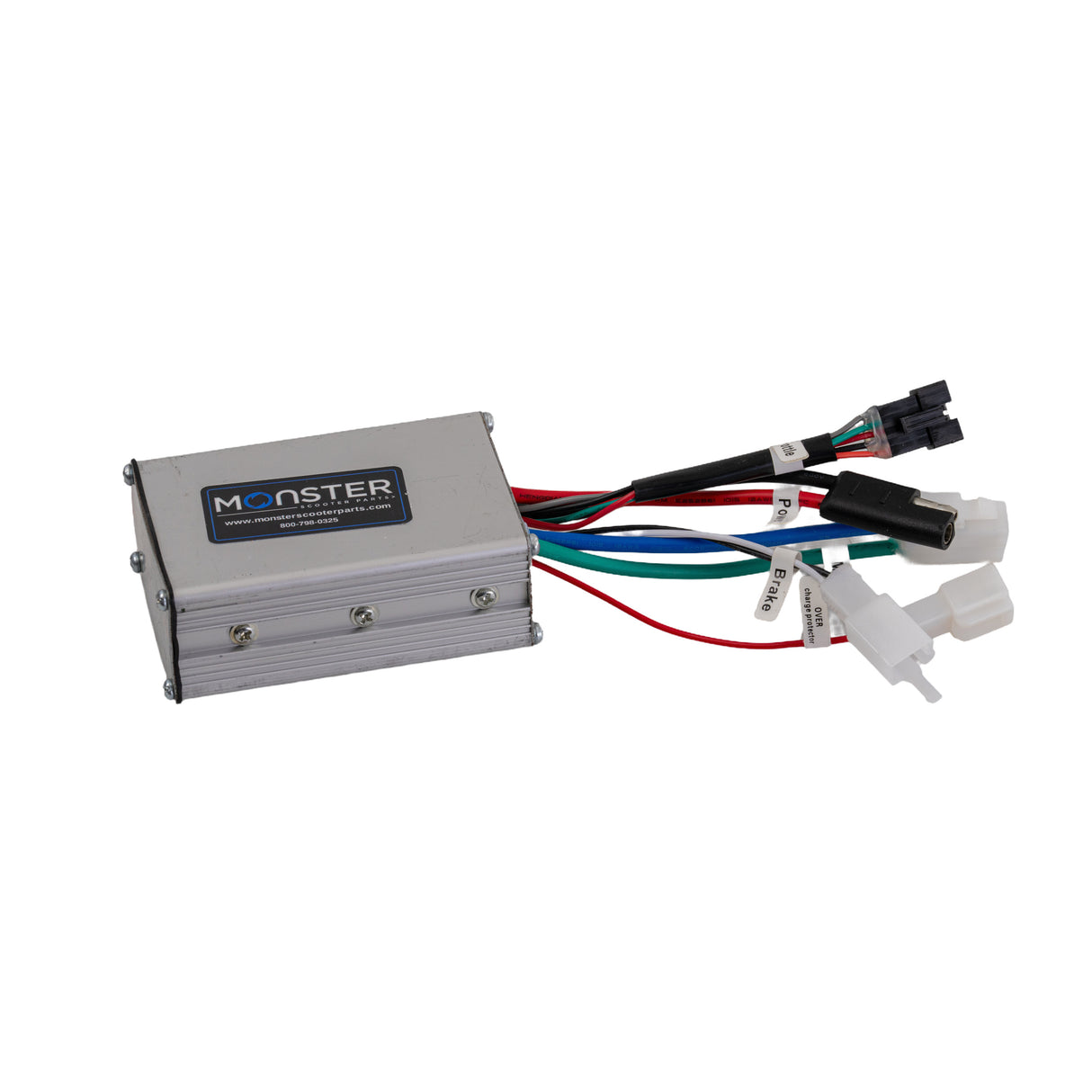 24 Volt 500 Watt Motor, 5-Pin Controller, & Throttle Kit for Electric Scooters, featuring a grey box with colorful wiring and connectors, including a close-up of the motor and throttle components.