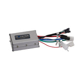 24 Volt 500 Watt Motor, 5-Pin Controller, & Throttle Kit for Electric Scooters, featuring a grey box with colorful wiring and connectors, including a close-up of the motor and throttle components.