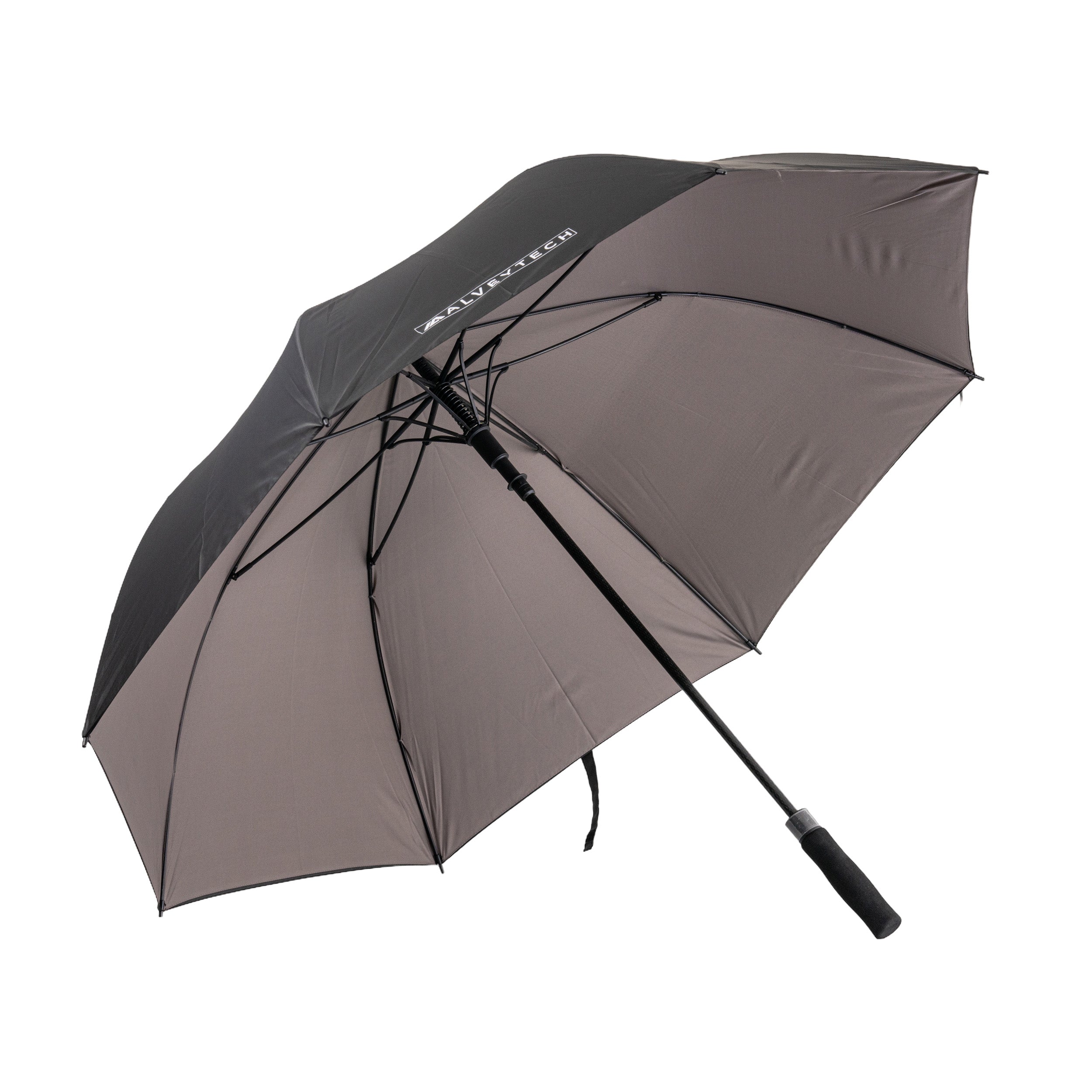 Golf Umbrella with Foam Handle: A black umbrella featuring a lightweight design, durable construction, and a comfortable foam grip handle, ideal for staying dry and secure in windy conditions.