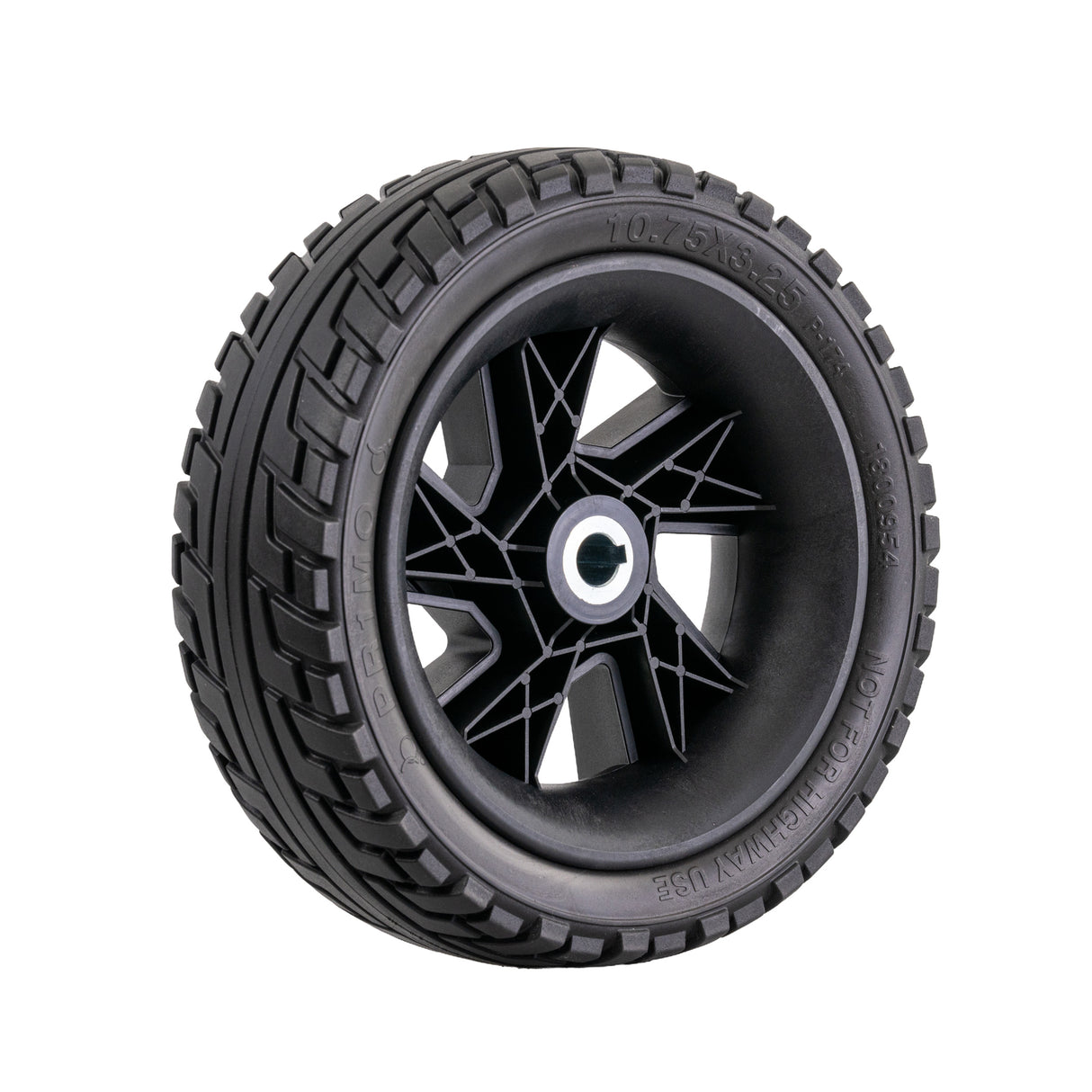 10-3/4 Rear Wheel Assembly for the Pride Mobility Zero Turn 10 (S710ZT) Scooter, featuring a solid black tire on a 5-spoke metal rim, designed for maintenance-free, dependable performance.