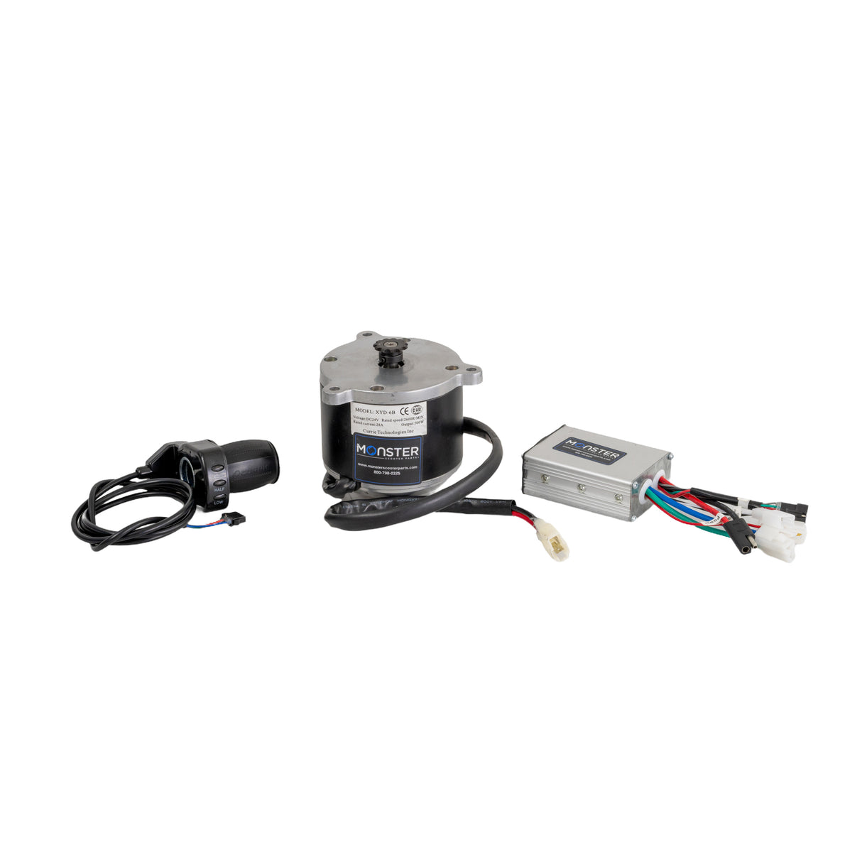 24 Volt 650 Watt Motor, 5-Pin Controller, & Throttle Kit displaying a motor with wires, a 5-pin controller, and a throttle on a white background.