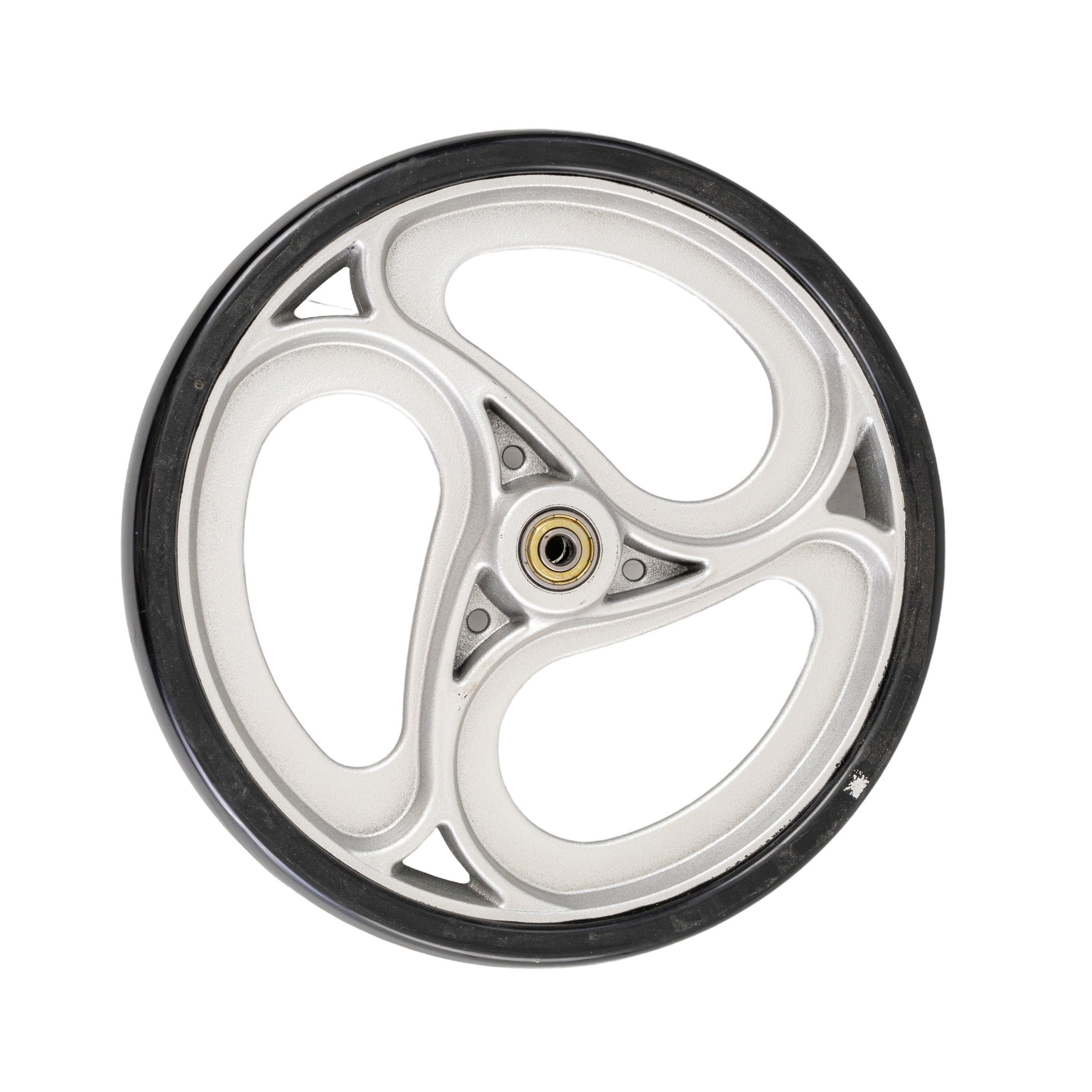 10 Front Wheel for the Drive Medical Nitro Rollator featuring a black, 3-spoke rim with pre-installed bearings, shown in a close-up view highlighting its circular metal design.