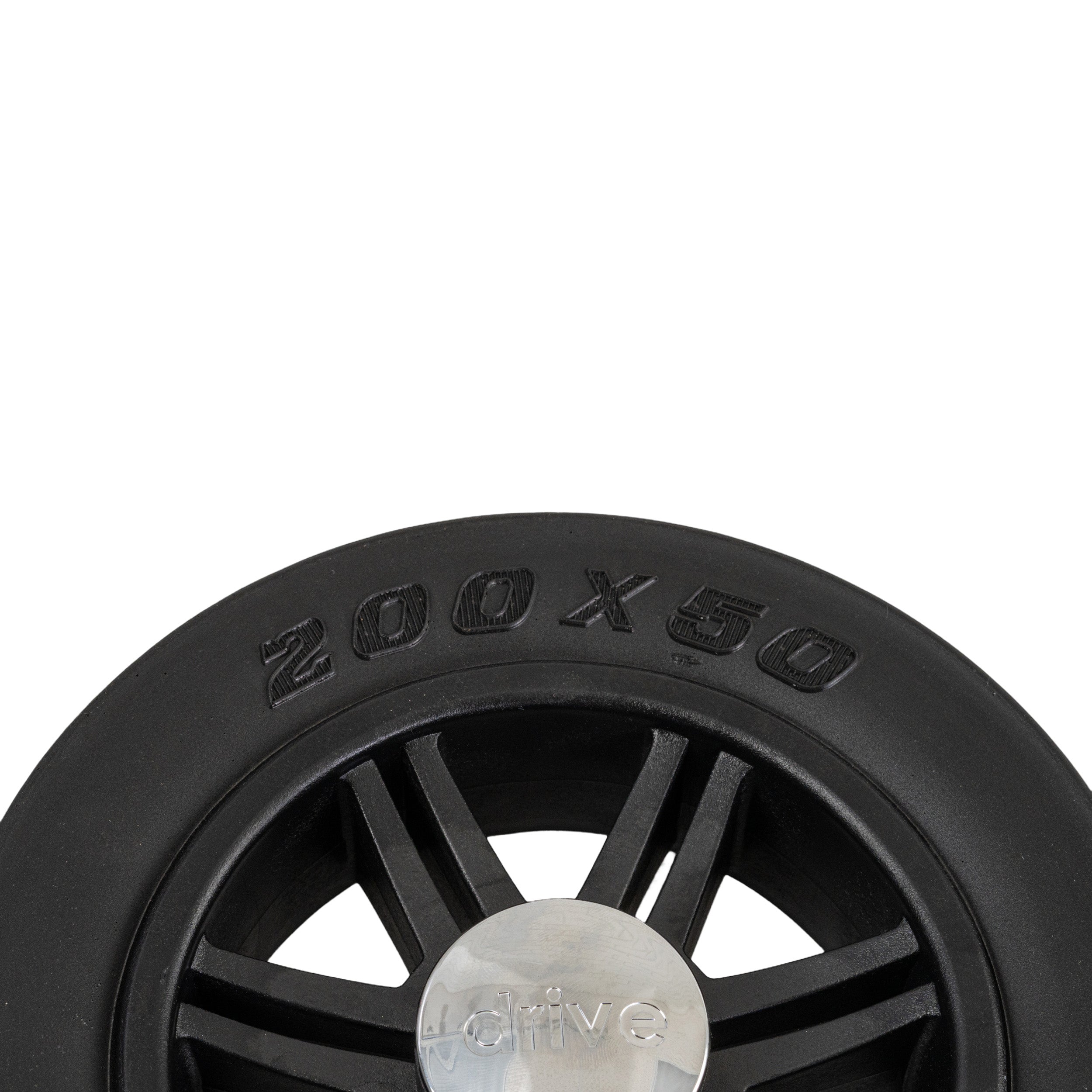 Close-up of the 8x2 Black Flat-Free Rear Wheel Assembly for the Drive Medical Spitfire Scout Scooter, featuring a heavy tread tire and a durable hubcap.