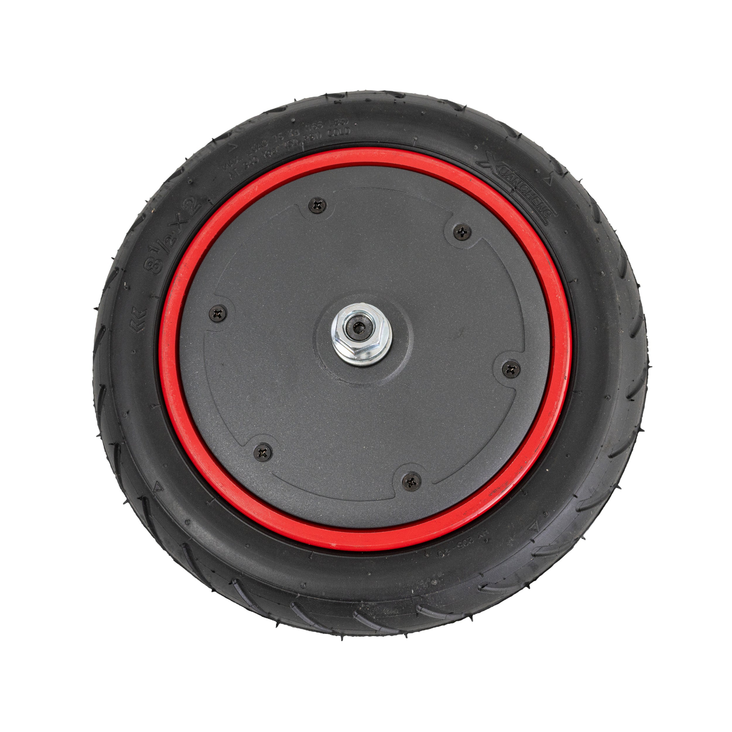 350 Watt Hub Motor & Front Wheel Assembly for the Hover-1 Journey Folding Electric Scooter, featuring a black and red wheel with a central hole and visible screws, ready for urban pavements.