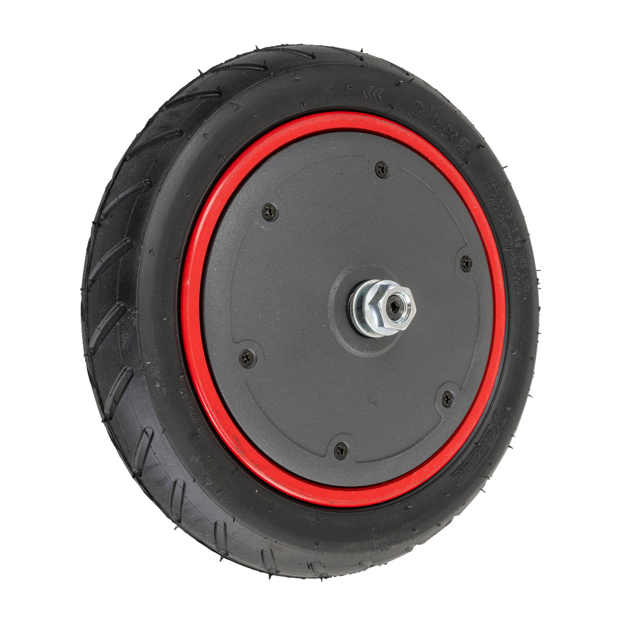 350 Watt Hub Motor & Front Wheel Assembly for Hover-1 Journey Folding Electric Scooter, featuring a close-up of the integrated nut and pneumatic tire with low-siped street tread.