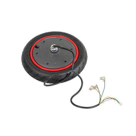 Hub Motor & Front Wheel Assembly for the Xiaomi Mi M365 Scooter, featuring a black wheel with a red rim, metal nut, and several colored wires, designed for urban pavement.