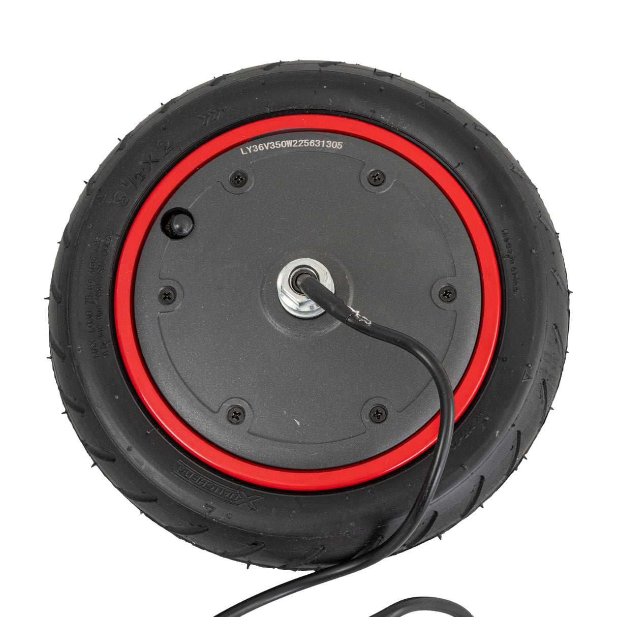 350 Watt Hub Motor & Front Wheel Assembly for the Hover-1 Journey Folding Electric Scooter; features a close-up of the black wheel with a red rim, black cord, and metal nut.