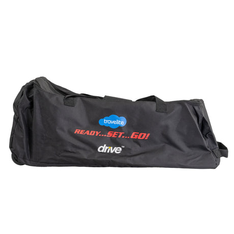 Carry Bag for Drive Medical Travelite Transport Wheelchair, black with red and white logo, designed to hold lightweight, fold-up transport wheelchairs, enhancing travel convenience.